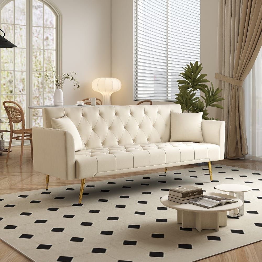 Loheer - 72 Inch Convertible Sleeper Sofa Beige Velvet Foldable Couch Tufted Futon Guest Bed for Small Living Room Studio - Beige price history on PriceWatchPro
