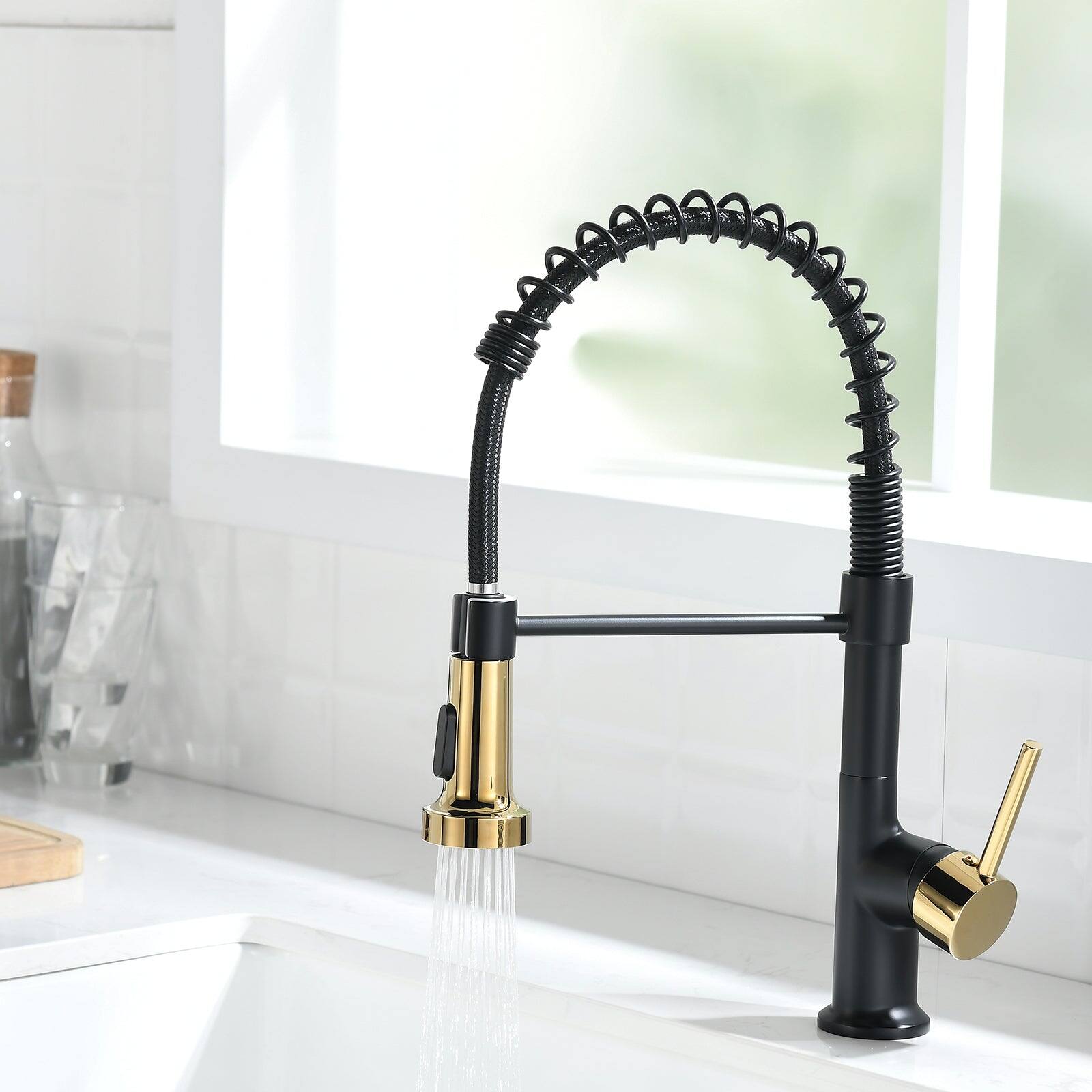 Alt View 6. Boyel Living - Matte Black with Gold Single Handle No Sensor Gooseneck Pull Down Sprayer Kitchen Faucet - Matte Black with Gold.
