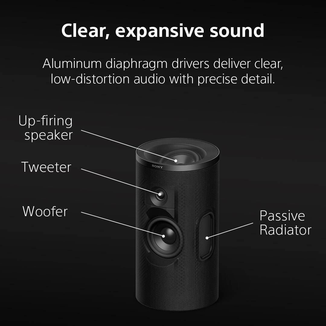 Clear, expansive sound

Aluminum diaphragm drivers deliver clear, low-distortion audio with precise detail.

- Up-firing speaker
- Tweeter
- Woofer
- Passive Radiator