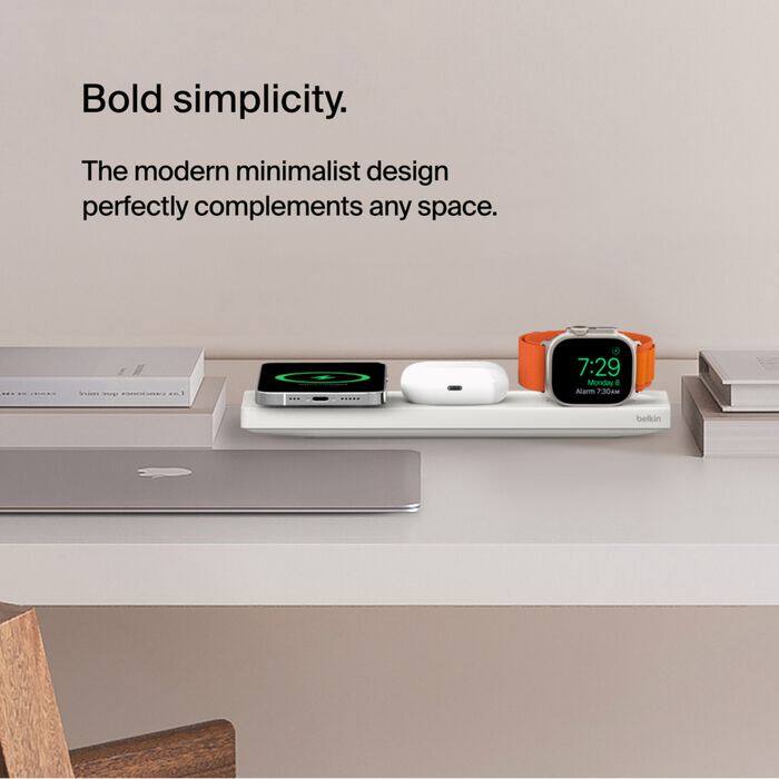 Bold simplicity.  
The modern minimalist design perfectly complements any space.  

7:29  
Monday 8  
Alarm 7:30AM  
belkin