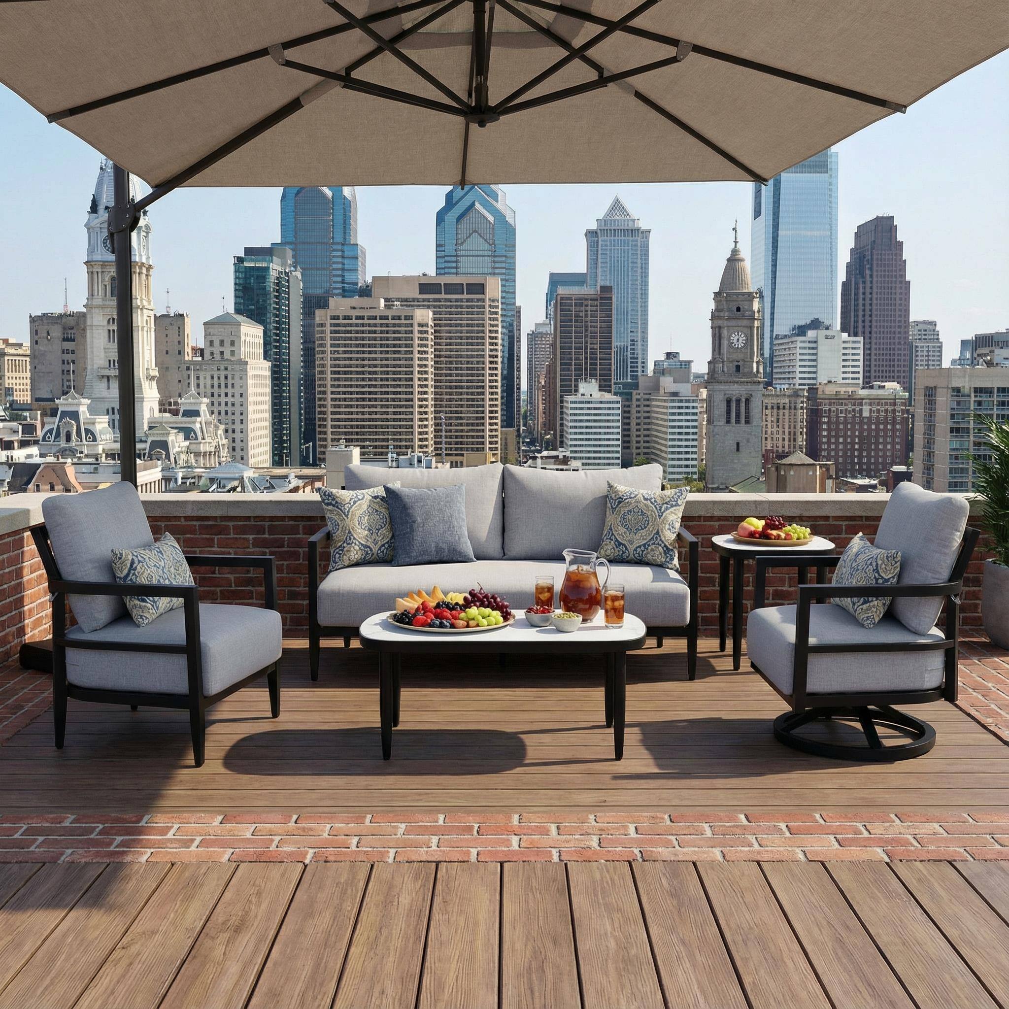 Angle. Mondawe - 5-Piece Outdoor Patio Set with Swivel Chair, Club Chair, Bench Sofa, Marble-Inspired Tables, and Sunbrella Cushions - Ember Black+Grey.