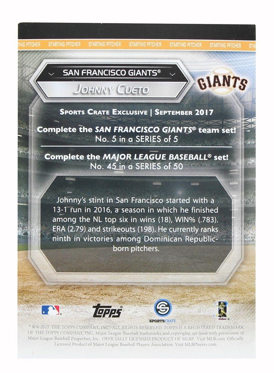 **SAN FRANCISCO GIANTS**  
**JOHNNY CUETO**  
**SPORTS CRATE Exclusive | September 2017**  

Complete the SAN FRANCISCO GIANTS team set!  
No. 5 in a SERIES of 5  

Complete the MAJOR LEAGUE BASEBALL set!  
No. 45 in a SERIES of 50  

Johnny's stint in San Francisco started with a 13-1 run in 2016, a season in which he finished among the NL top six in wins (18), WIN% (.783), ERA (2.79) and strikeouts (198). He currently ranks ninth in victories among Dominican Republic-born pitchers.  

**TOPPS**  
© 2017 THE TOPPS COMPANY, INC. ALL RIGHTS RESERVED. TOPPS IS A REGISTERED TRADEMARK OF THE TOPPS COMPANY, INC. Major League Baseball trademarks and copyrights are used with permission of Major League Baseball Properties, Inc. OFFICIALLY LICENSED PRODUCT OF MLB. Visit MLB.com Officially Licensed Product of Major League Baseball Players Association. Visit MLBPlayers.com.  

**SPORTS CRATE**  
© 2017 THE TOPPS COMPANY
