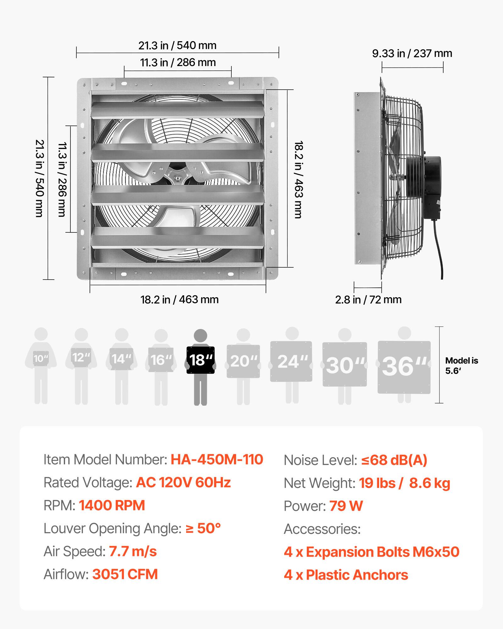 21.3 in / 540 mm  
11.3 in / 286 mm  
9.33 in / 237 mm  
18.2 in / 463 mm  
2.8 in / 72 mm  

10" 12" 14" 16" 18" 20" 24" 30" 36"  
Model is 5.6'  

Item Model Number: HA-450M-110  
Noise Level: 68 dB(A)  
Rated Voltage: AC 120V 60Hz  
Net Weight: 19 lbs / 8.6 kg  
RPM: 1400 RPM  
Power: 79 W  
Louver Opening Angle: ≥ 50°  
Air Speed: 7.7 m/s  
Airflow: 3051 CFM  

Accessories:  
4 x Expansion Bolts M6x50  
4 x Plastic Anchors