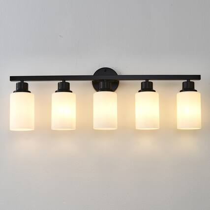 Front. Boyel Living - 5 Light Matte Black Wall Lamps with White Glass Shades No Bulbs Sconce Lighting for Bedroom Living Room.