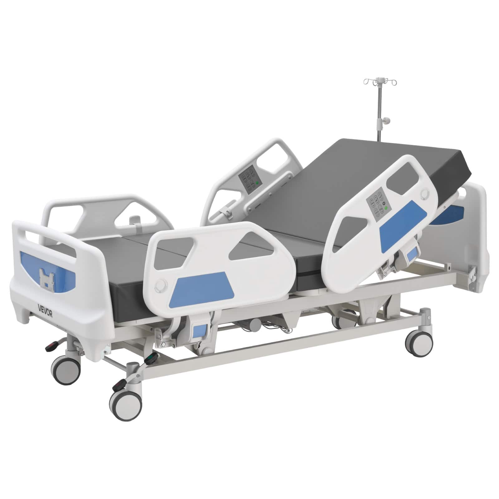 VEVOR - Premium 5 Function Full Electric Hospital Bed, ICU Medical Bed with Cardiac Chair, CPR, Trendelenburg & Reverse - White;Blue