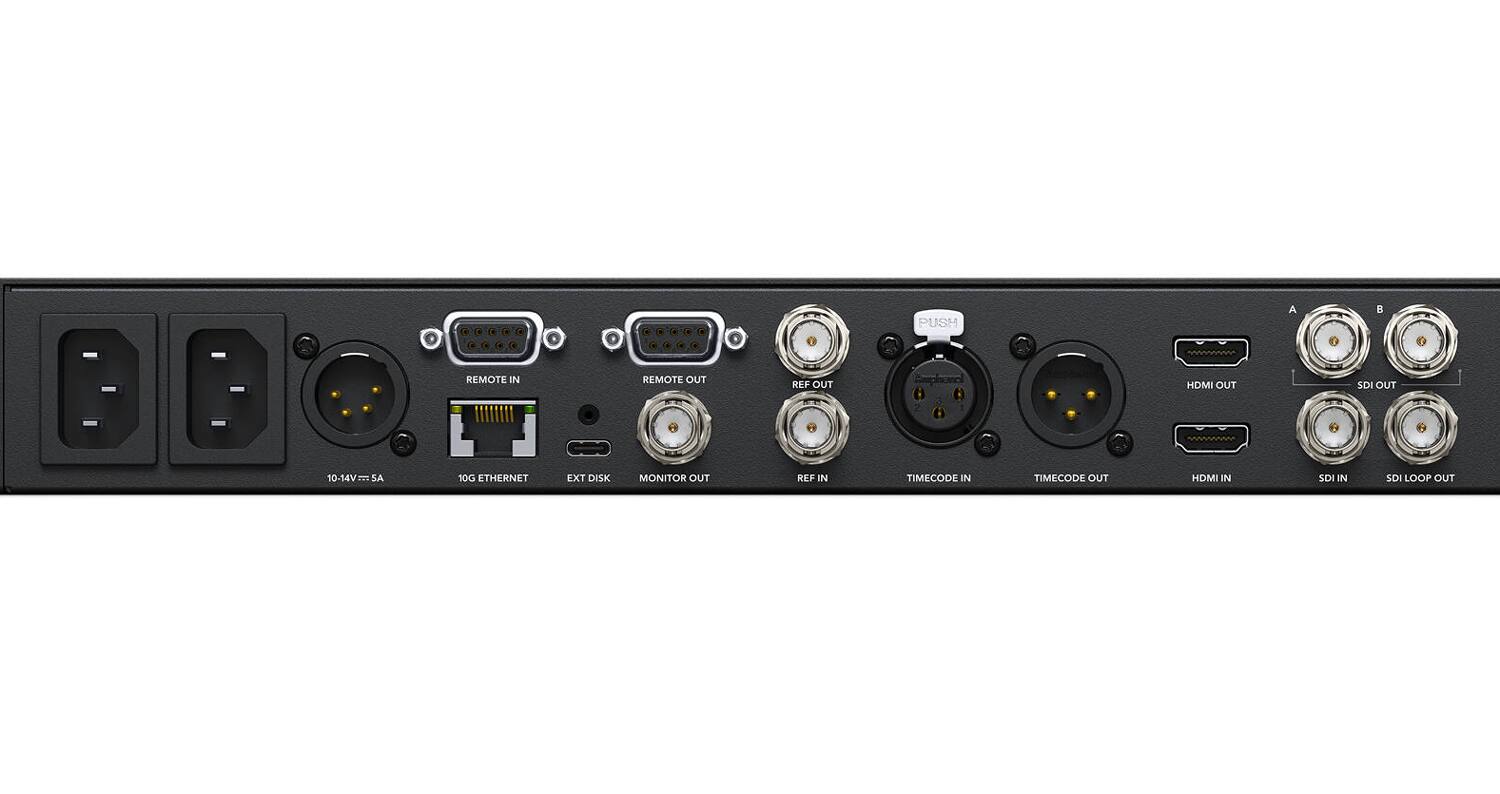 PUSH  
REMOTE IN  
REMOTE OUT  
REF OUT  
HDMI OUT  
SDI OUT  
10-14V  
E SA  
10G ETHERNET  
EXT DISK  
MONITOR OUT  
REF IN  
TIMECODE IN  
TIMECODE OUT  
HDMI IN  
SDI IN  
SDI LOOP OUT
