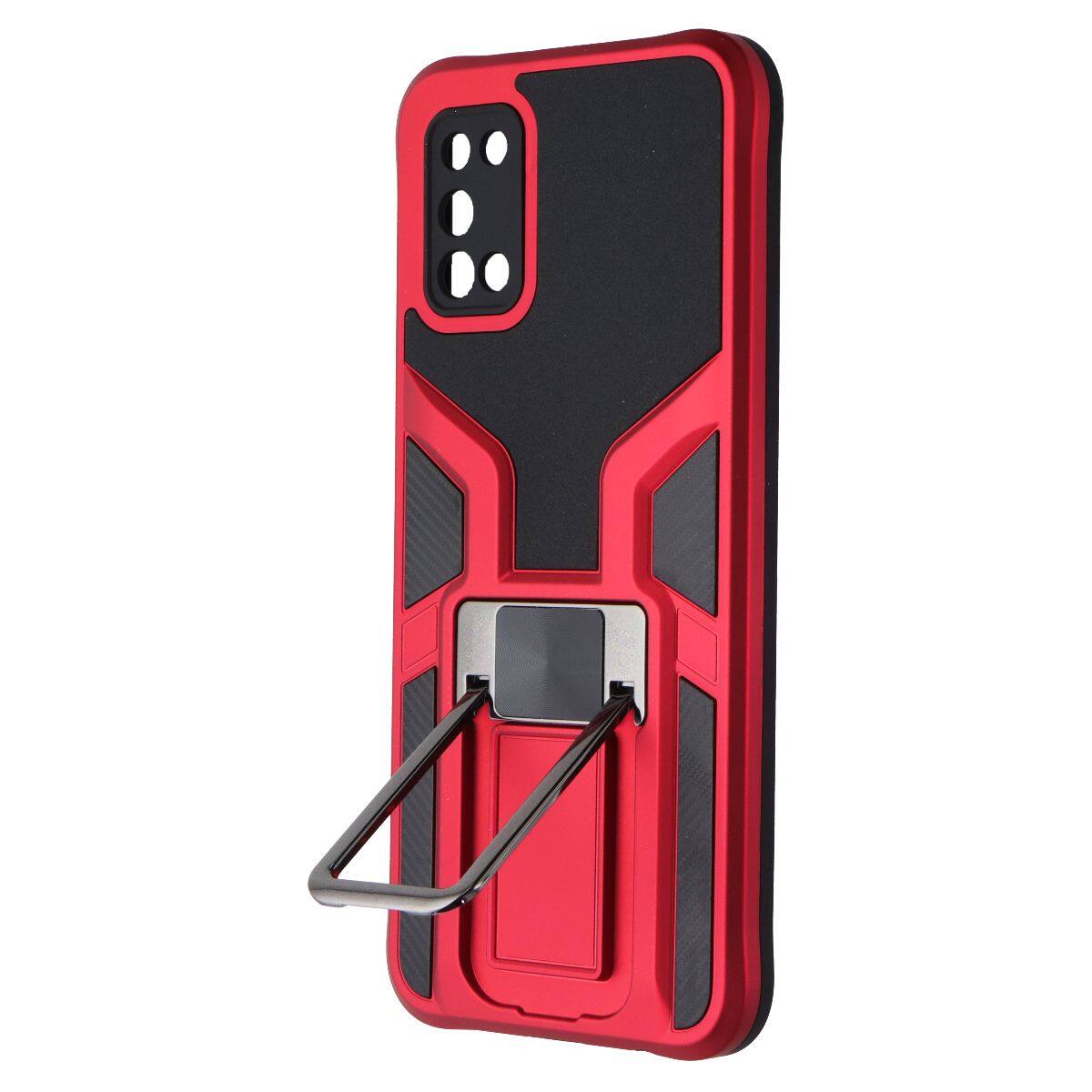 Front. Mybat - MyBat Rugged Hybrid Case with Kickstand for Samsung Galaxy A02s - Red / Black - Red.