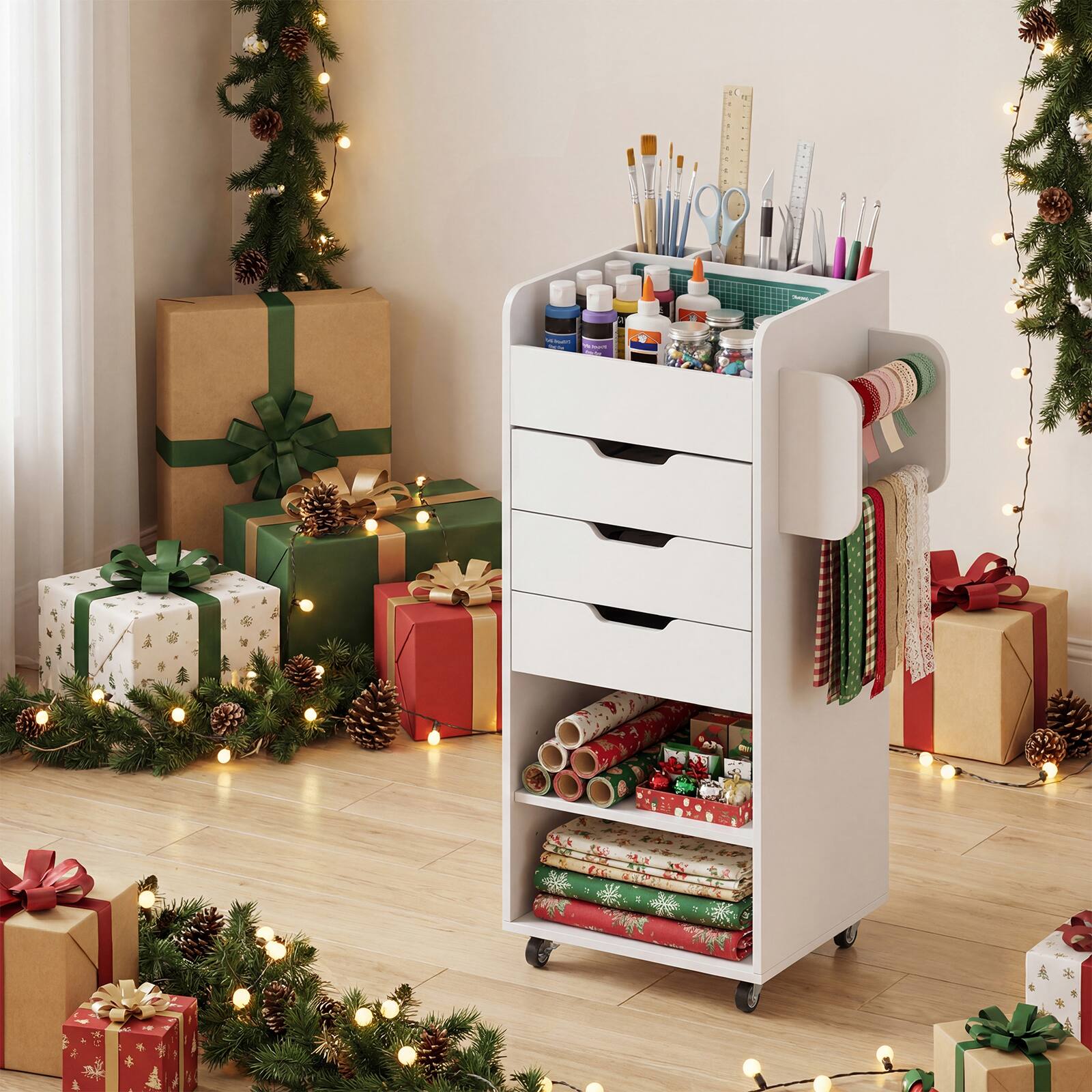 Alt View 3. Costway - Costway Rolling Craft Storage Cart Wooden Utility Cart w/3 Drawers 3 Shelf&Slot 2 Dowels - White.