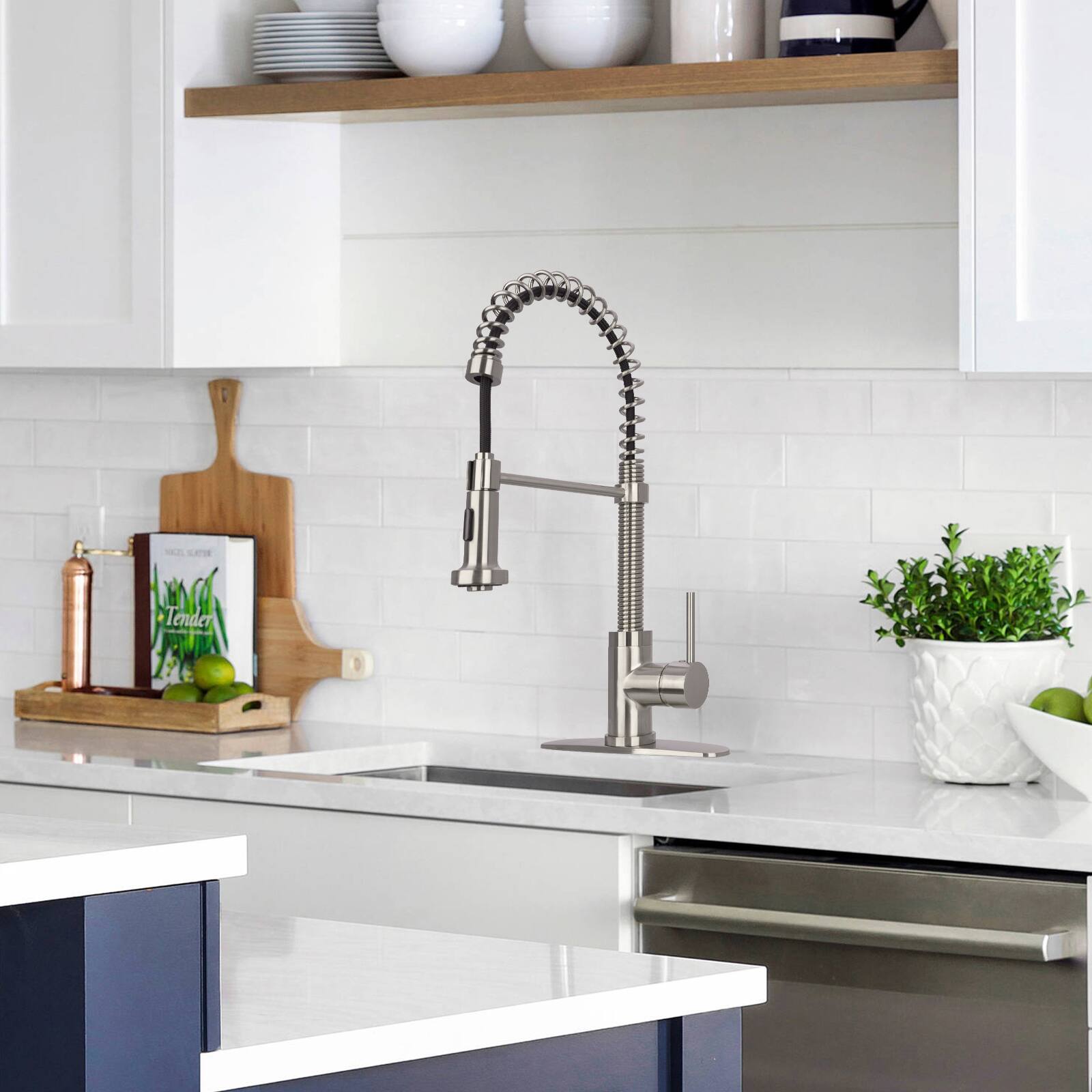 Alt View 5. Akicon - Akicon Pre-Rinse Spring Single Handle Solid Brass Kitchen Faucet with Pull Down Sprayer in Brushed Nickel - Brushed Nickel.