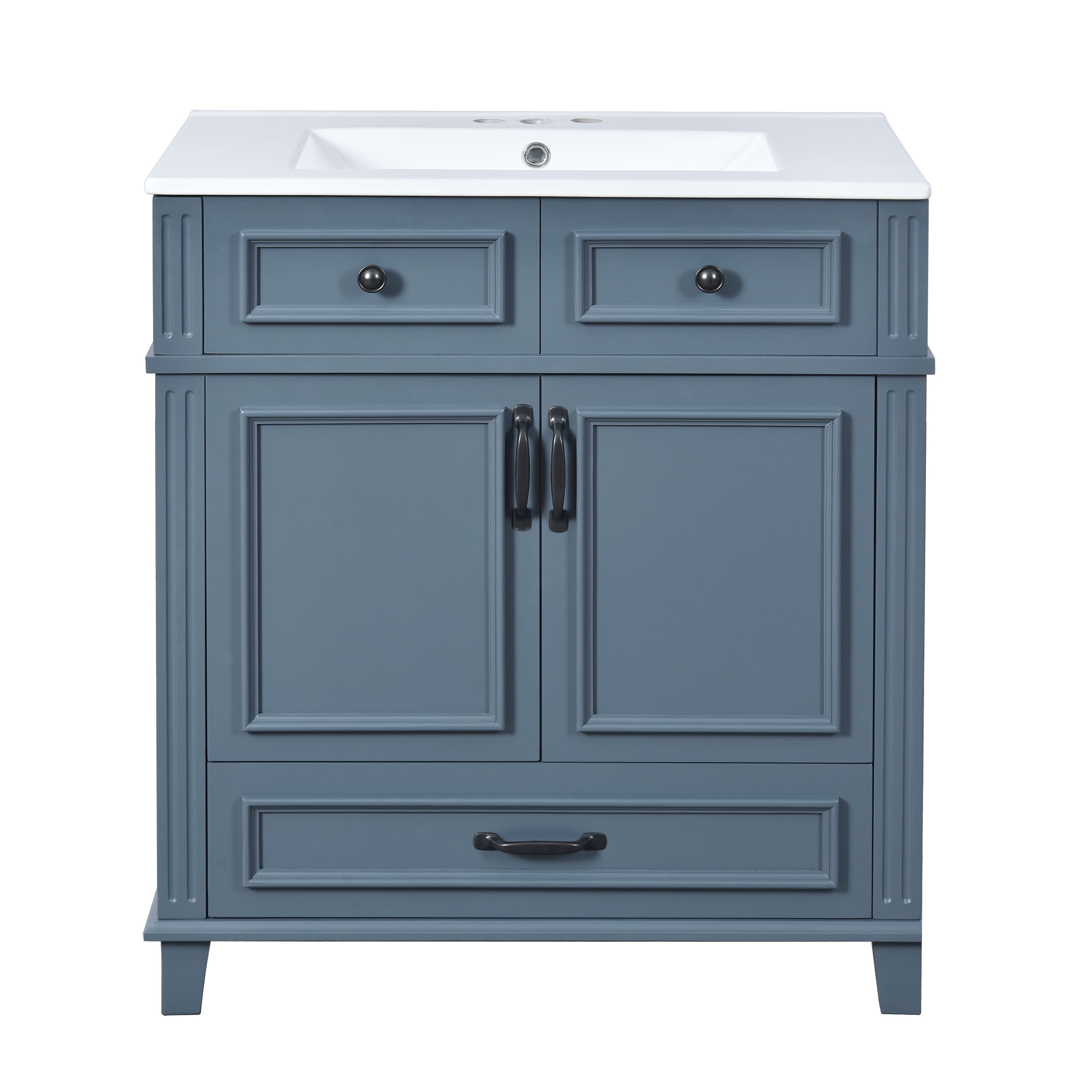 30" Bathroom Vanity with Ceramic Sink, Retro Freestanding Cabinet, Soft-Closing Doors, Solid Wood Frame