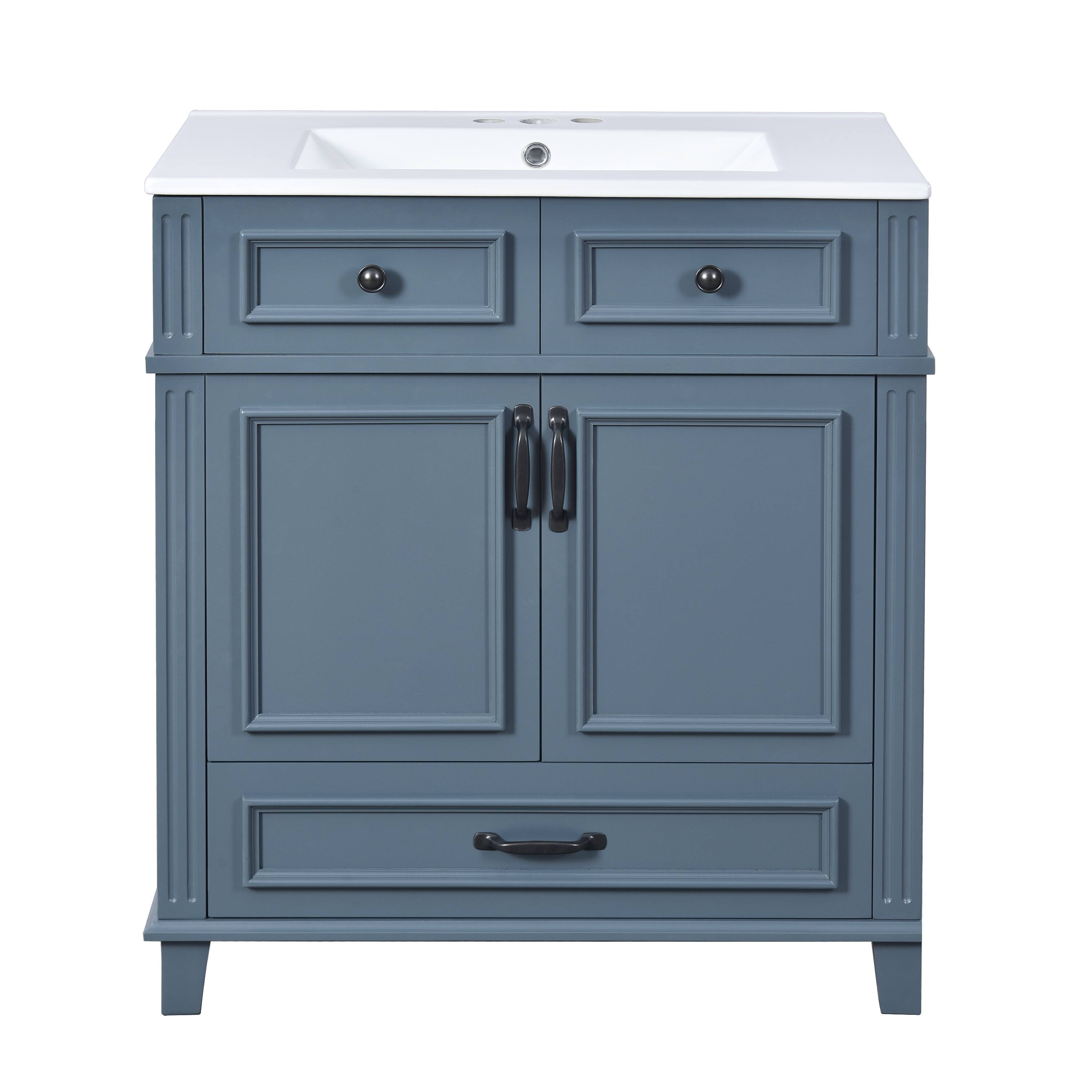 Front. Glintex - 30" Bathroom Vanity with Ceramic Sink, Retro Freestanding Cabinet, Soft-Closing Doors, Solid Wood Frame - Blue.