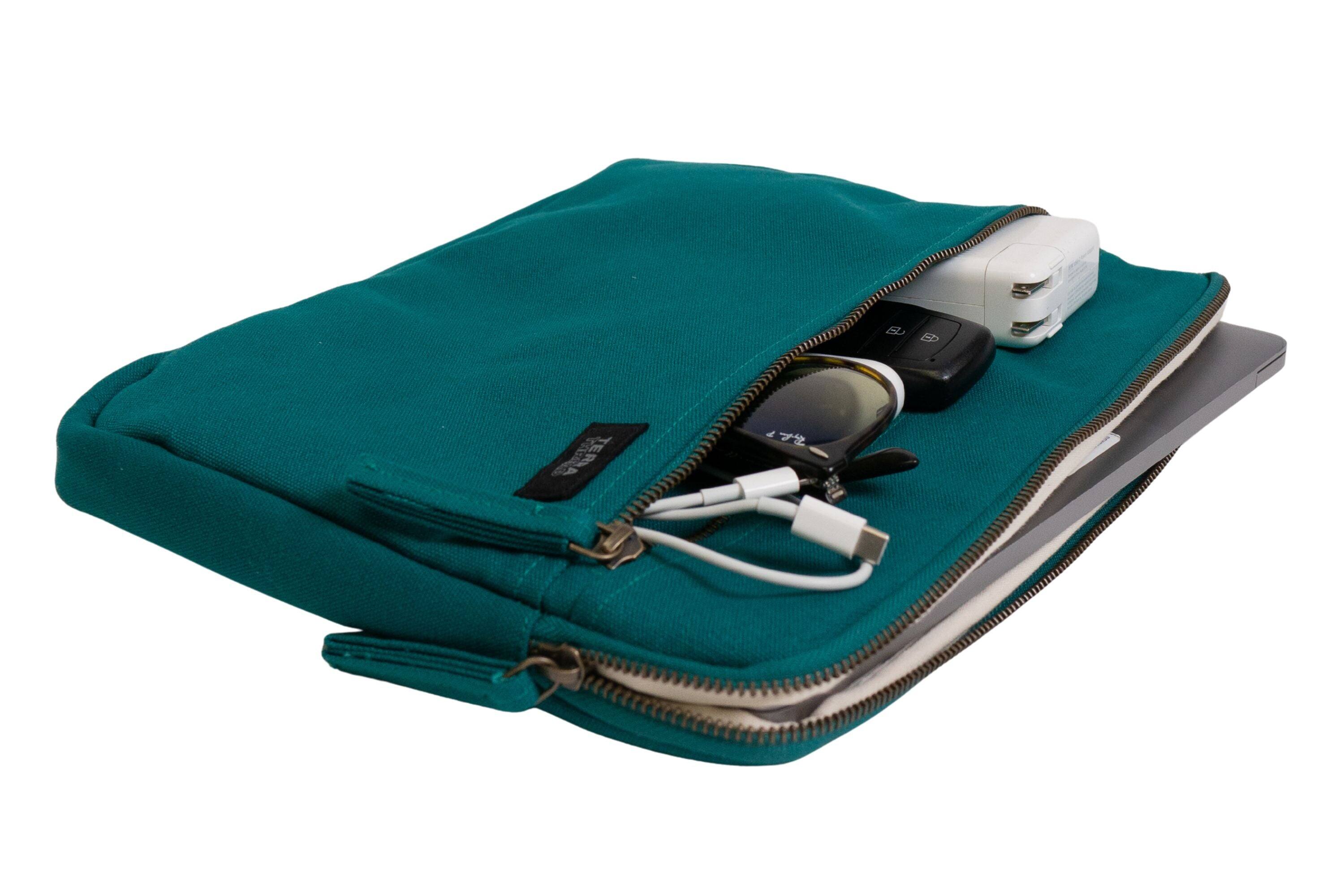 Left. Terra Thread - Organic Cotton Laptop Sleeve 13 inches - Deep Sea Teal.