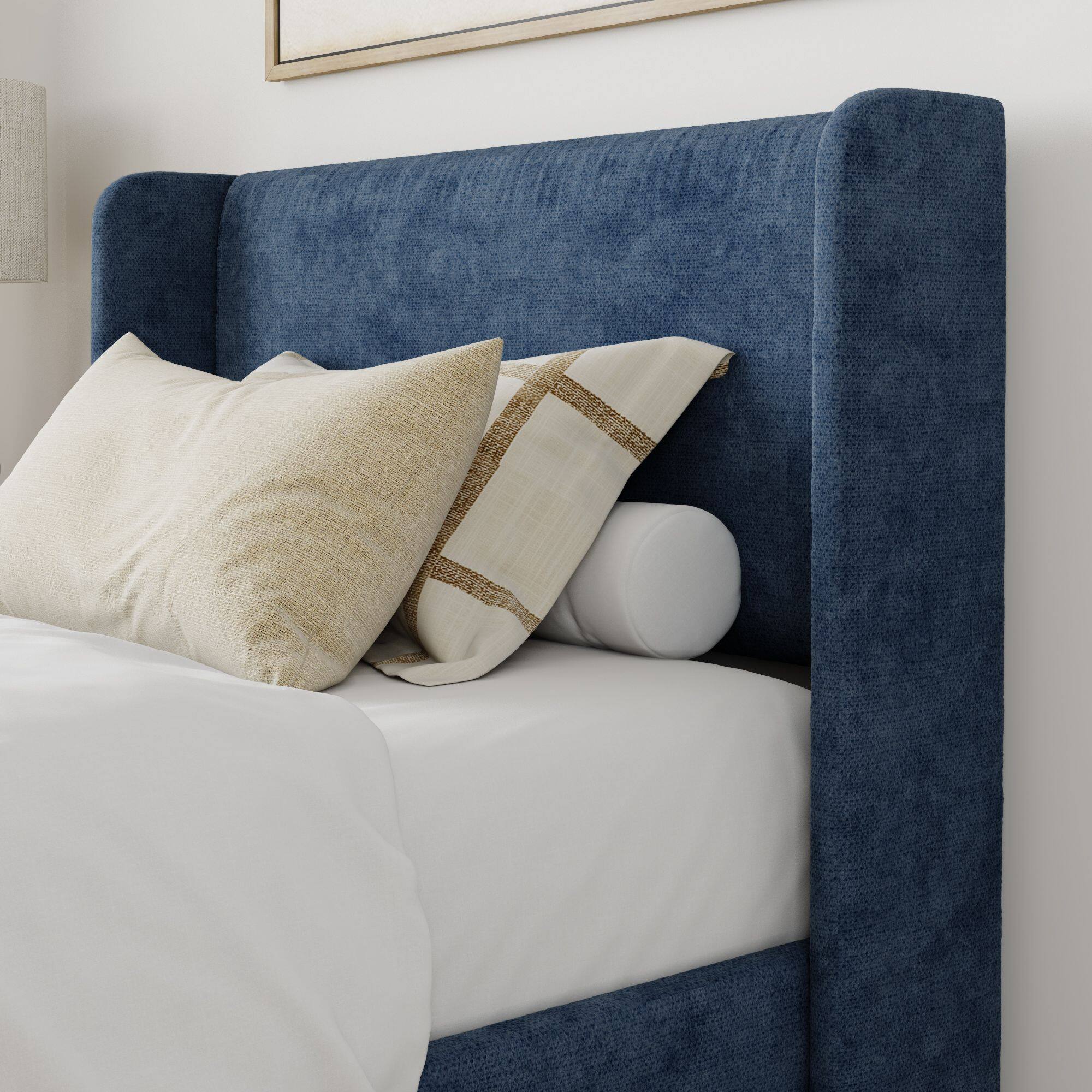 Alt View 4. Plank+Beam - Upholstered Bed with Rectangular Headboard (Twin), Blue - Blue.