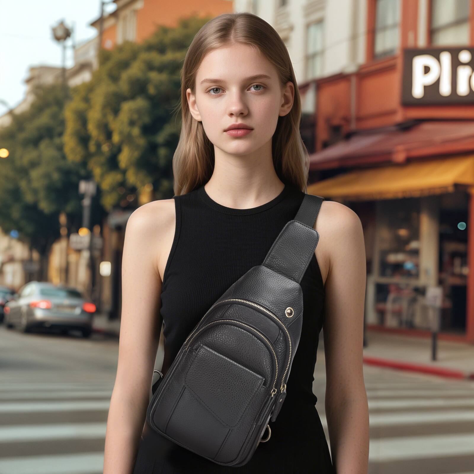 Alt View 5. Unique Bargains - Full-Grain Leather Sling Bag for Men Women Vintage Multi-Pocket Crossbody Bag with Concealed Carry Compartment - Black.