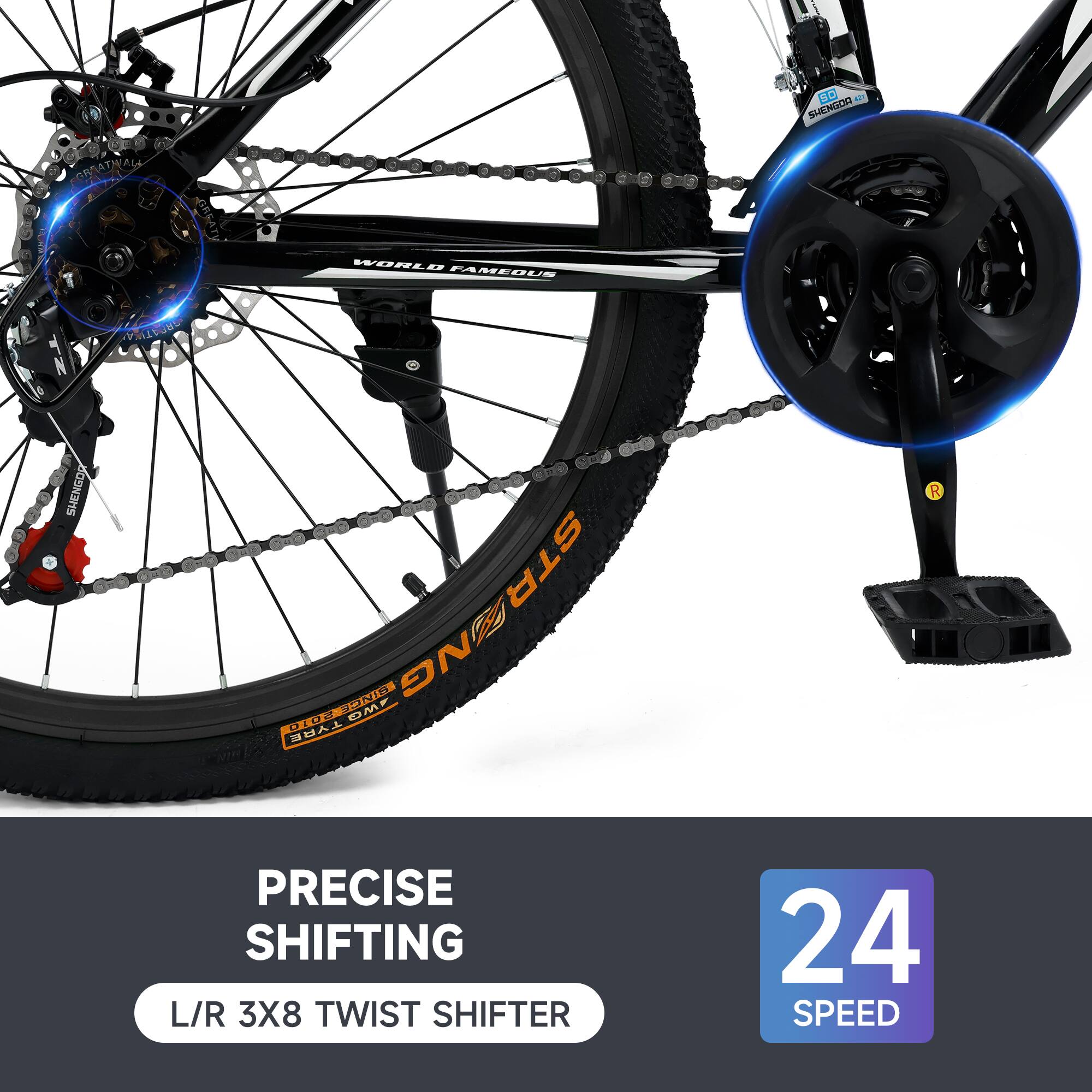 SD A SHENGOU 36 GRRATWAL RSATY WORLD FAMEBUE DWA TWA 18 SHENGO STRONG STR ZNG CISPNIS TYRE OMF R PRECISE SHIFTING L/R 3X8 TWIST SHIFTER 24 SPEED