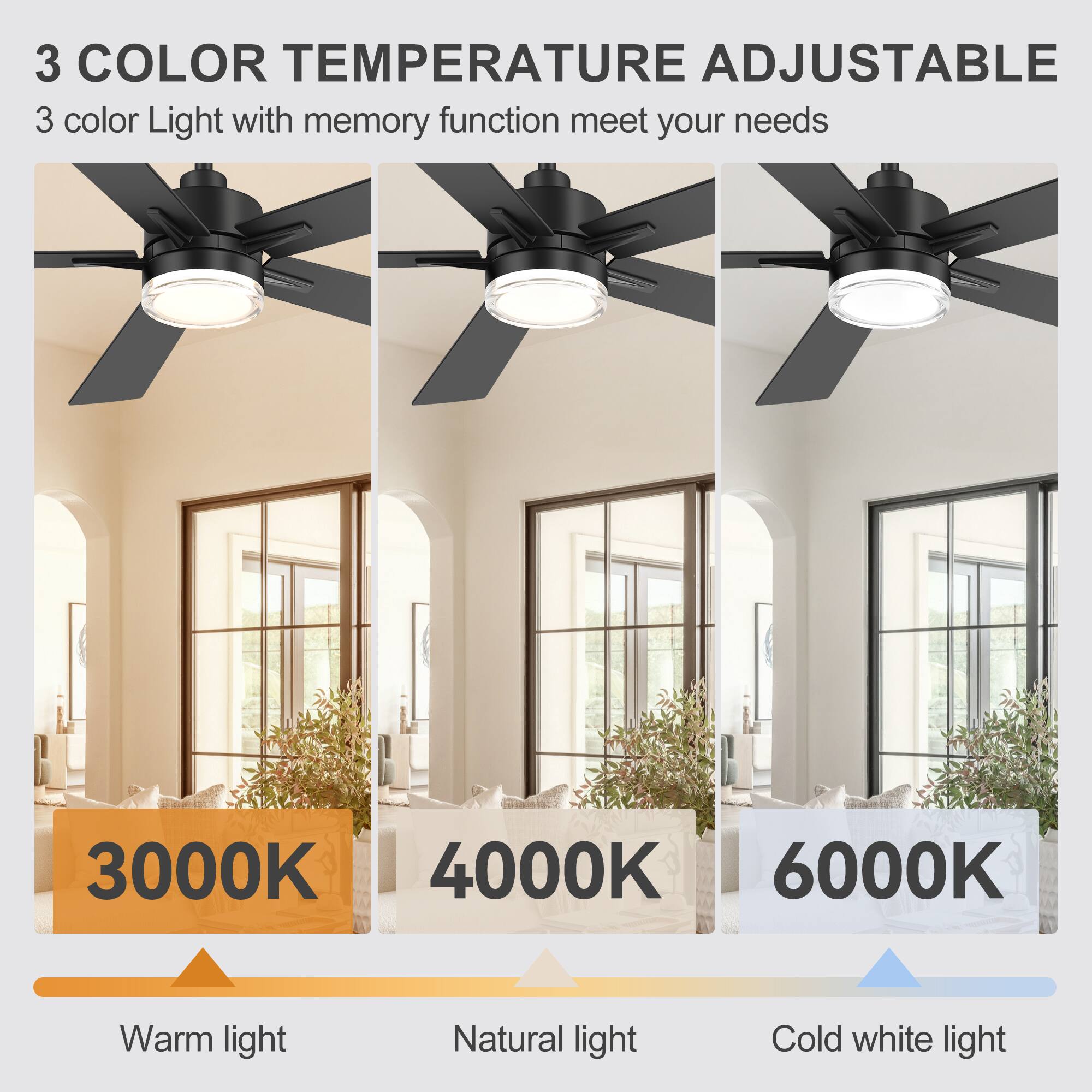 3 COLOR TEMPERATURE ADJUSTABLE  
3 color Light with memory function meet your needs  

3000K  
Warm light  

4000K  
Natural light  

6000K  
Cold white light