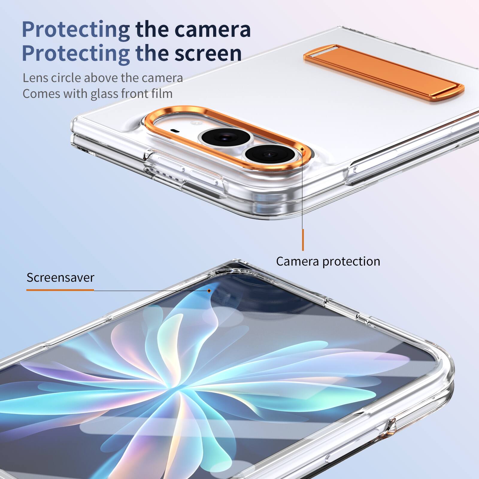 Protecting the camera  
Protecting the screen  
Lens circle above the camera  
Comes with glass front film  

Screensaver  
Camera protection