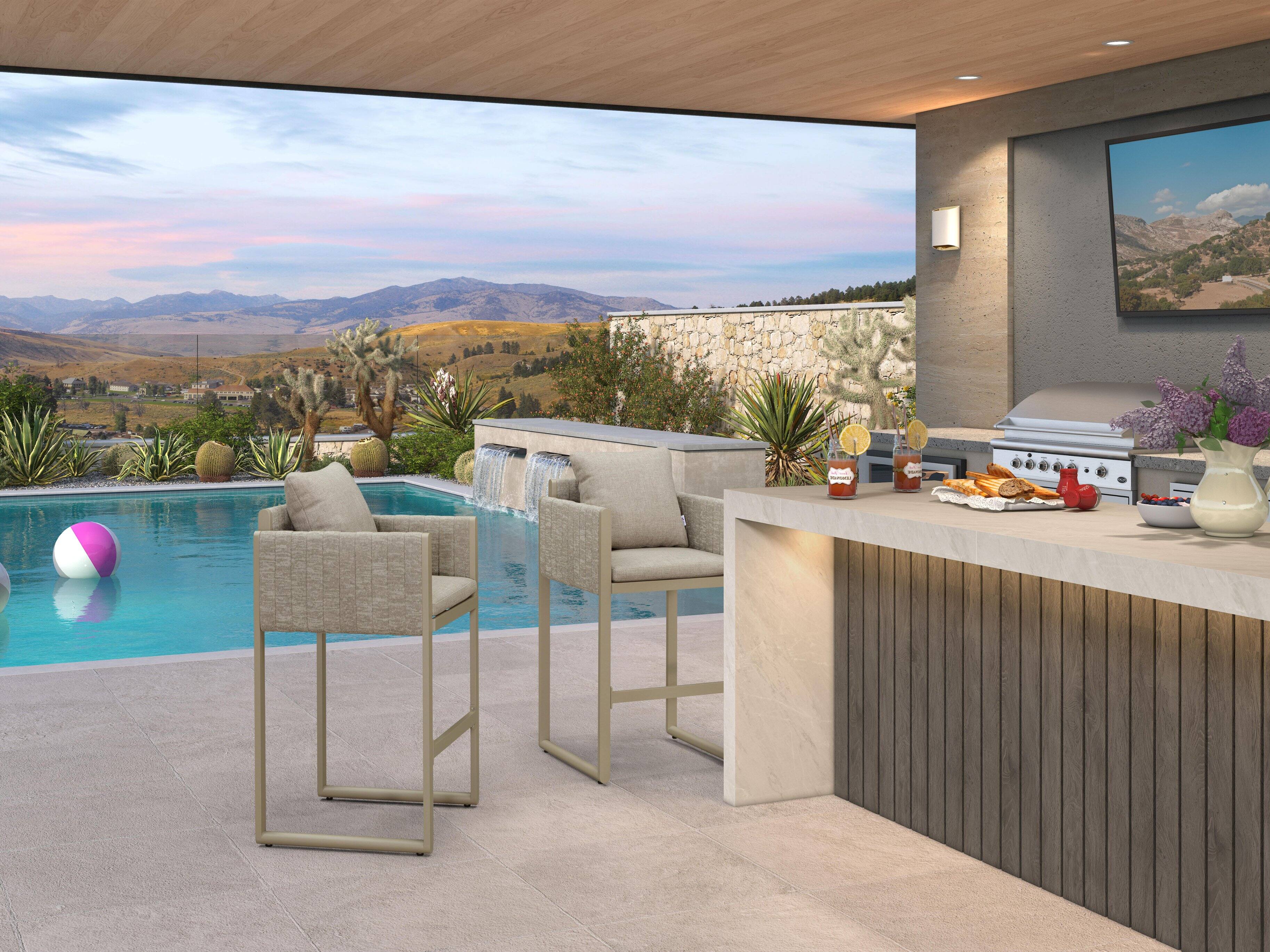 Alt View 1. PURPLE LEAF - Outdoor Bar Height Stool Set of 2 Aluminum Modern Olefin Barstools with Backrest Pillow for Garden Balcony Lawn - Champagne & Oval Base-Bar Stool.