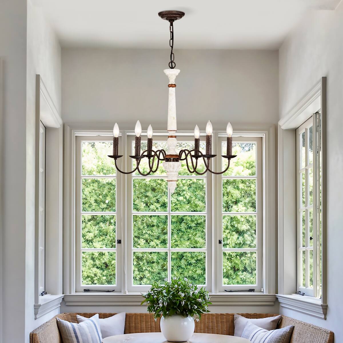 Back. Loheer - Loheer 6 Light Farmhouse Chandelier, Retro White and Rust Metal E12 Pendant Light for Dining Room.