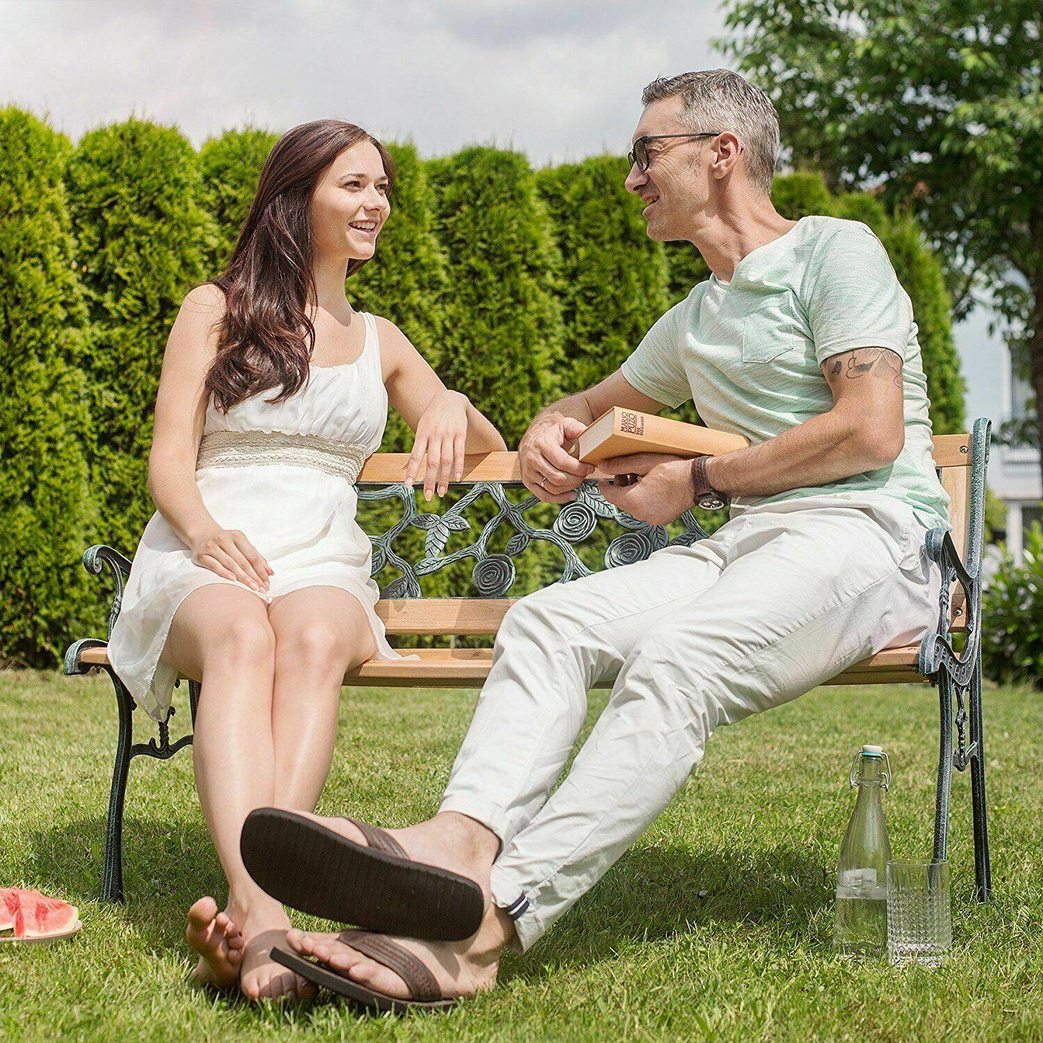 Alt View 1. Costway - Costway Patio Park Garden Bench Porch Chair Outdoor Deck Cast Iron Hardwood Rose - Yellow.