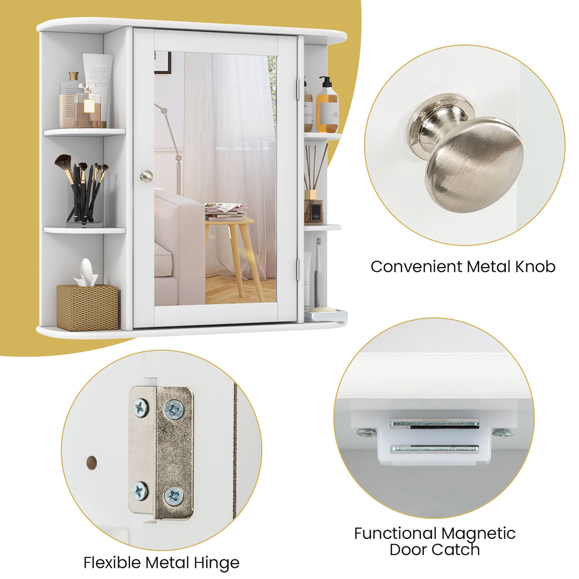 Convenient Metal Knob  
Flexible Metal Hinge  
Functional Magnetic Door Catch