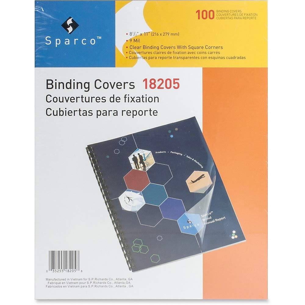 BINDING COVERS  
100 COUVERTURES DE FIXATION  
CUBIERTAS PARA REPORTE  
Sparco  
8 1/2" x 11" [216 x 279 mm]  
9 Mil Clear Binding Covers With Square Corners  
Couvertures claires de fixation avec coins carrés  
Cubiertas para reporte transparentes con esquinas cuadradas  
Binding Covers 18205  
Couvertures de fixation  
Cubiertas para reporte  
Pnoducts  
Sa_lera Morkating Sparco- Bennd Report Annual Spaico  
C 35255 18205  
Manufactured in Vietnam for S.P. Richards Co., Atlanta, GA  
Fabriqués en Vietnam pour S.P. Richards Co. Atlanta, GA  
Fabricados en Vietnam para S.P. Richards Co. Atlanta, GA