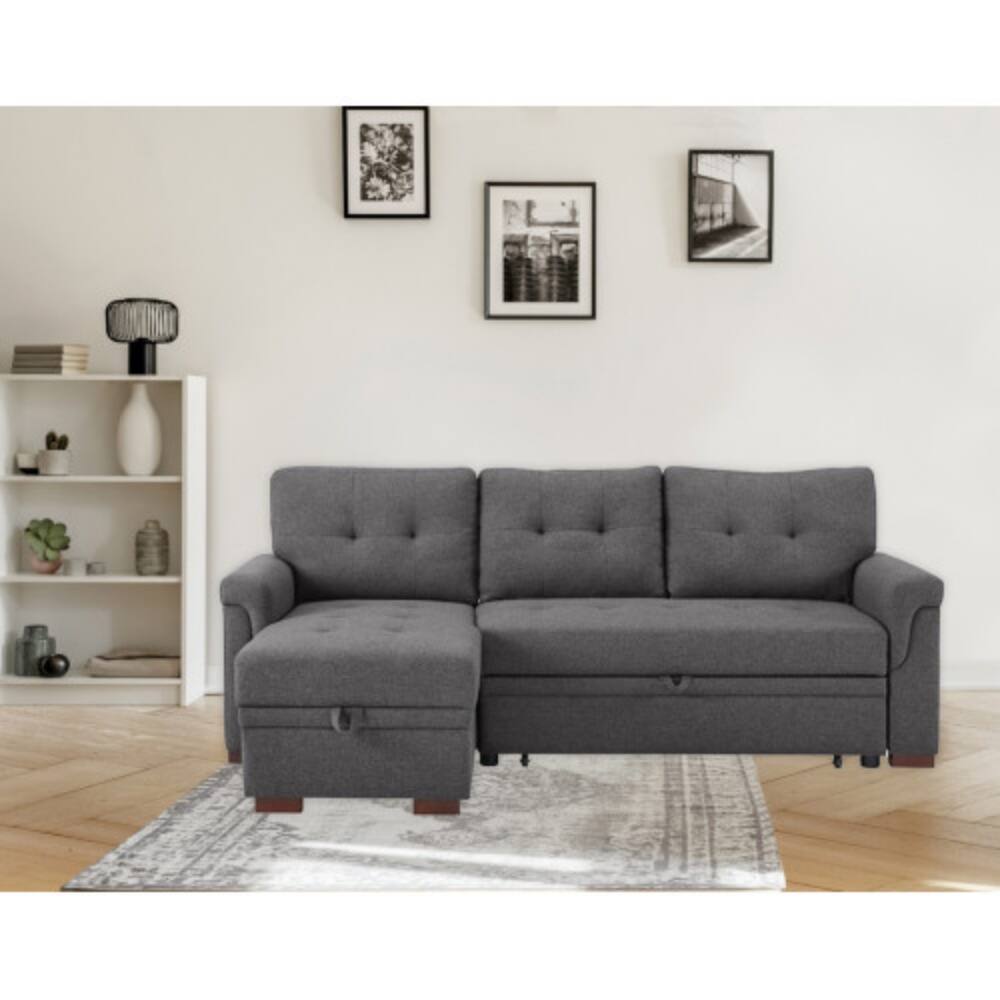 Angle. LUCKY ONE - 84" Dark Gray Linen Reversible Sleeper Sectional Sofa with Storage Chaise, Pull-Out Bed, Tufted Cushions - Dark Gray.
