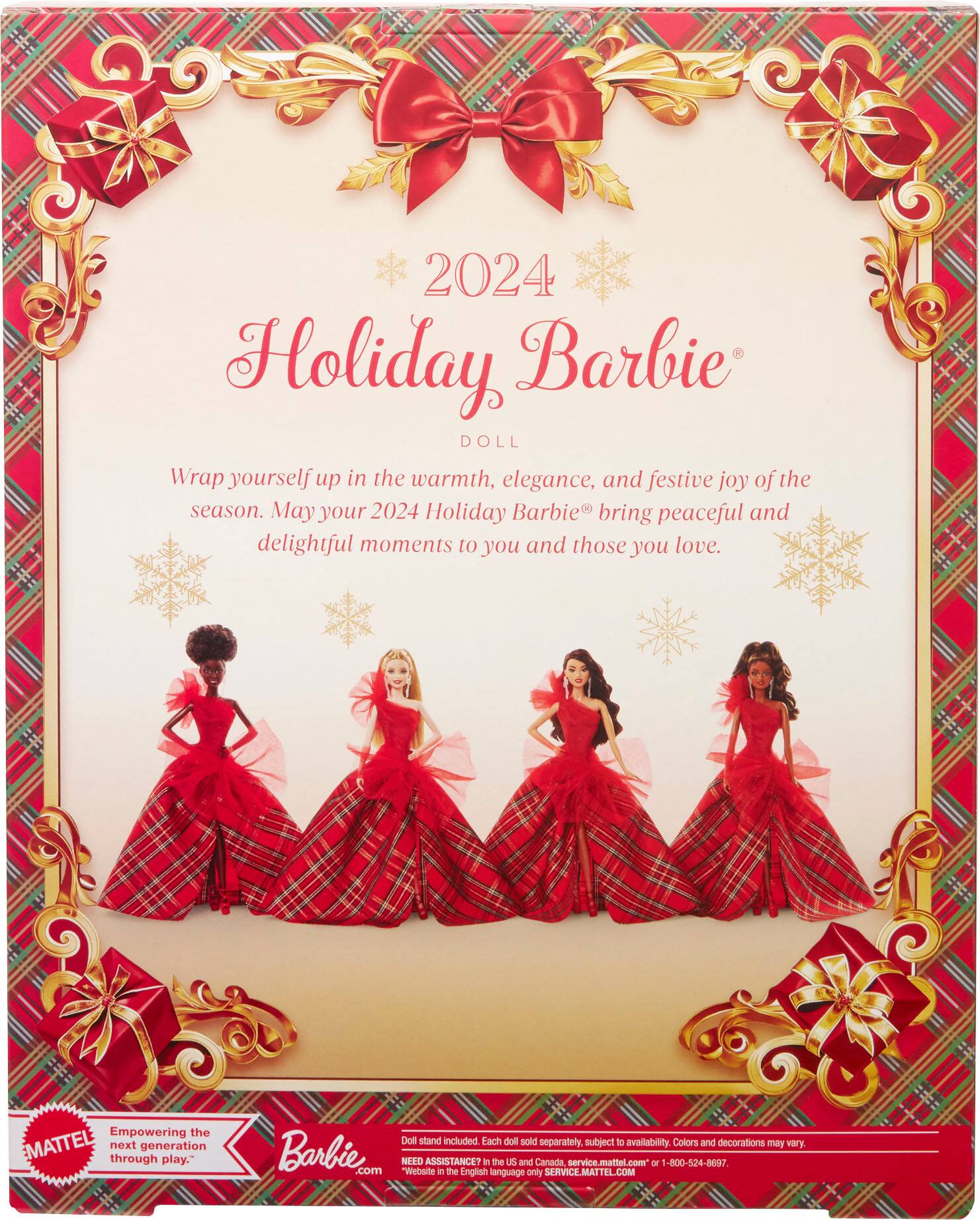 "2024 Holiday Barbie" is a festive and elegant doll that brings joy and warmth to the season. Empowering the next generation of play, the doll is designed to provide delightful moments to you and those you love. The doily stand is included, while the lace doily is sold separately. Please note that colors and decorations may vary. For more information, visit Barbie.com or call 1-800-524-8697. This service is available in English in the US and Canada.