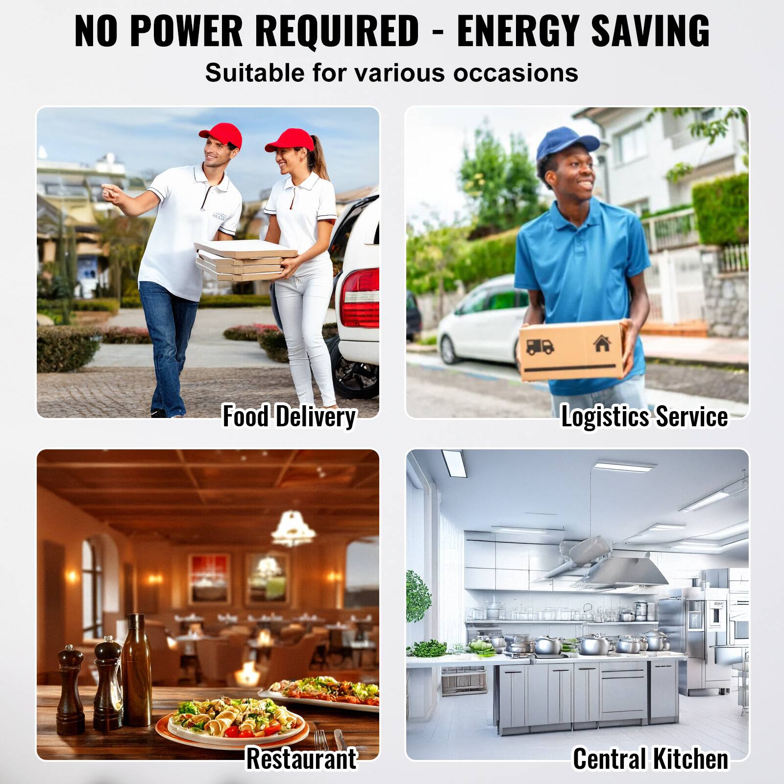NO POWER REQUIRED - ENERGY SAVING
Suitable for various occasions
Food Delivery
Logistics Service
Restaurant
Central Kitchen