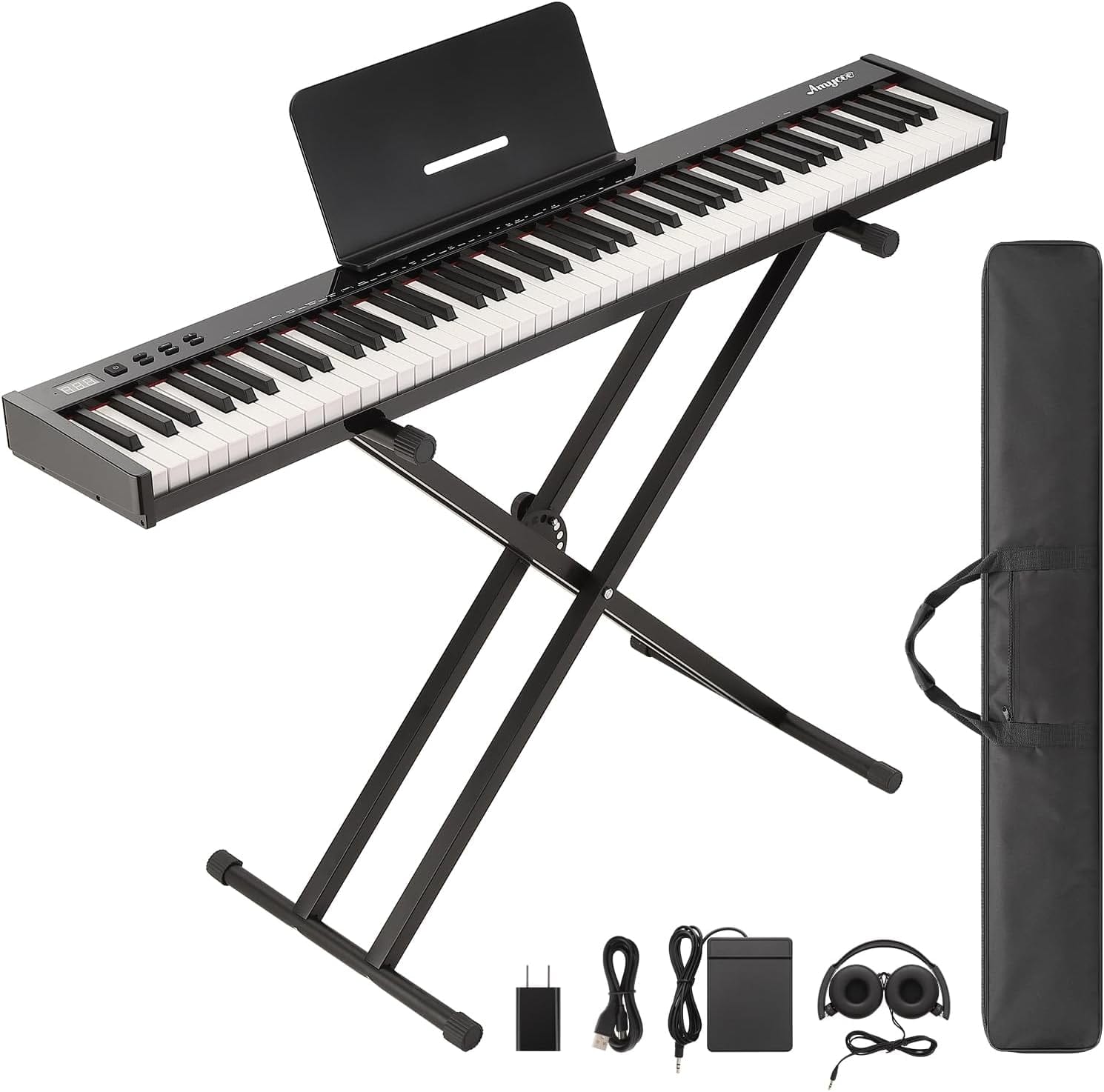 Electrodes Masters - 88-Key Semi-Weighted Piano with Stand, Headphones, Sustain Pedal & Carry Bag for Beginners - Black