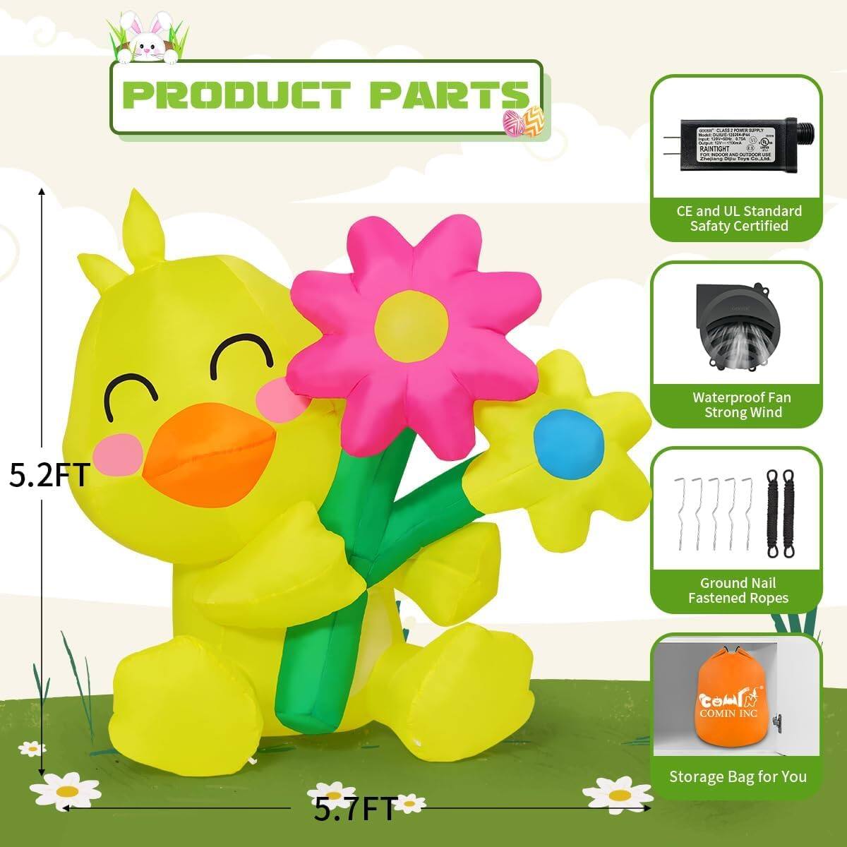 PRODUCT PARTS

- CE and UL Standard Safety Certified
- Waterproof Fan Strong Wind
- 5.2FT Ground Nail Fastened Ropes
- Storage Bag for You

5.7FT