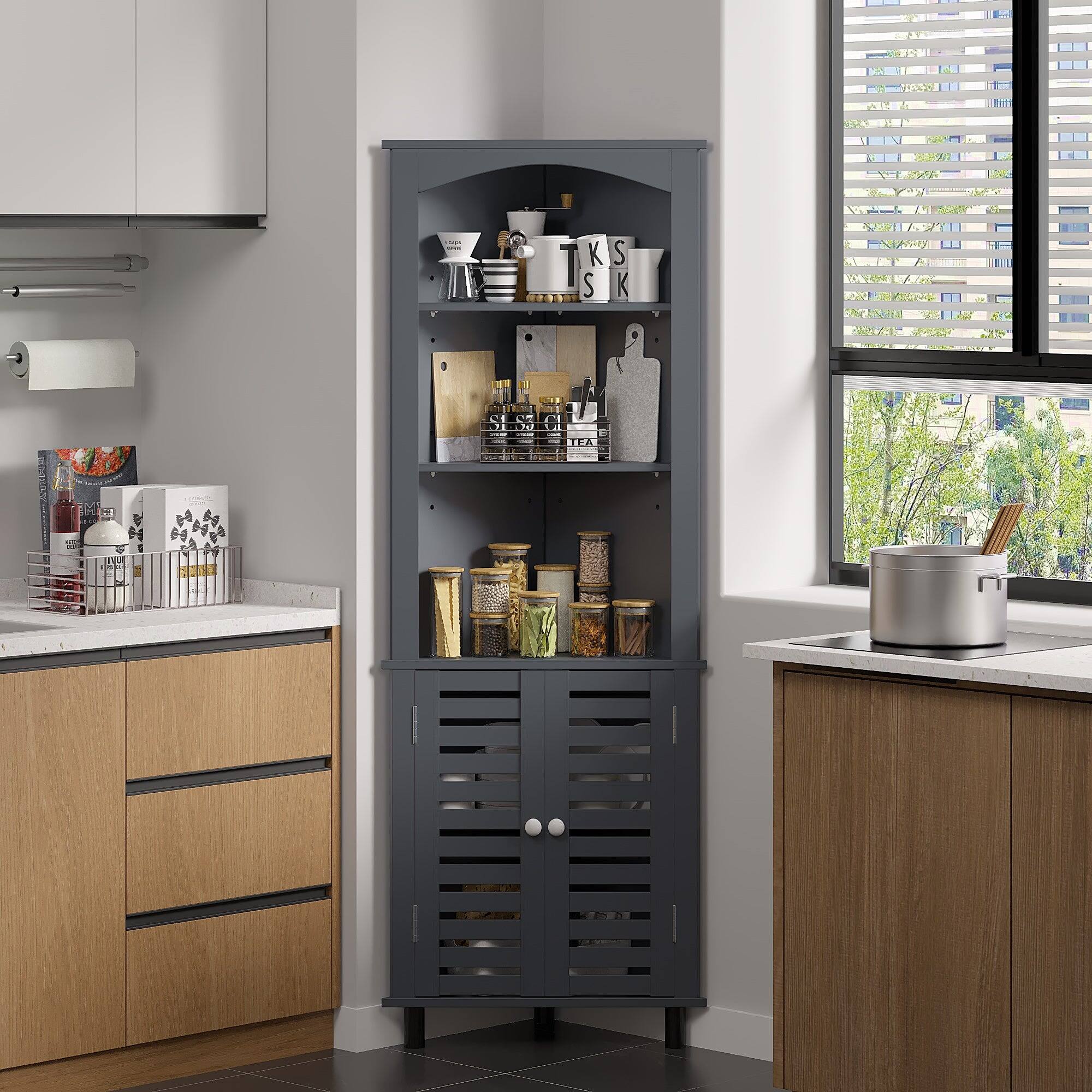 Front. Vecelo - 5 Tier Triangle Corner Storage Cabinet, Gray Corner Floor Cabinet with Adjustable Shelves & Doors - Grey.