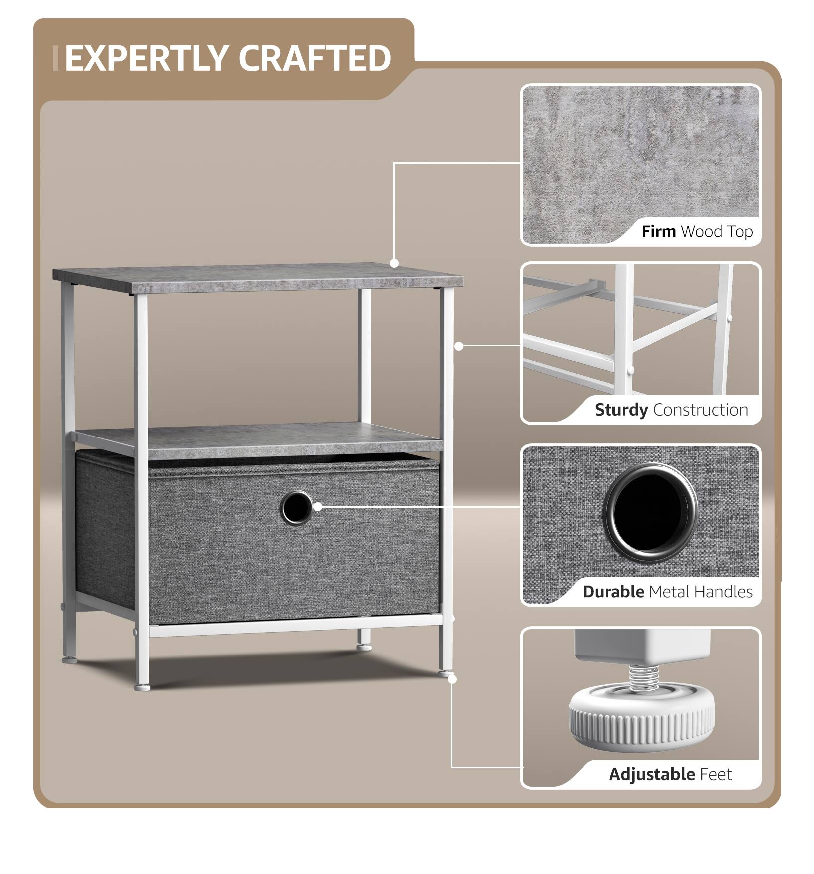EXPERTLY CRAFTED

- Firm Wood Top
- Sturdy Construction
- Durable Metal Handles
- Adjustable Feet