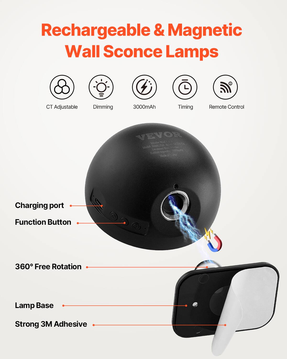 Rechargeable & Magnetic Wall Sconce Lamps

- CT Adjustable
- Dimming
- 3000mAh
- Timing
- Remote Control

Charging port
Function Button
360° Free Rotation
Lamp Base
Strong 3M Adhesive