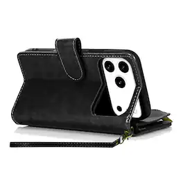 Kitcheniva - PU Leather Phone Wallet Zipper With Tempered Glass For iPhone 17 Pro Max - Black