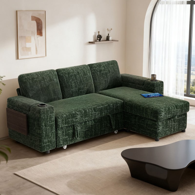 Dyonery - 85" Modular Sectional Sofa, L Shaped 3-Seater Sleeper Sofa with Pull Out Bed &Hidden Storage, Cup Holders & USB. - Green