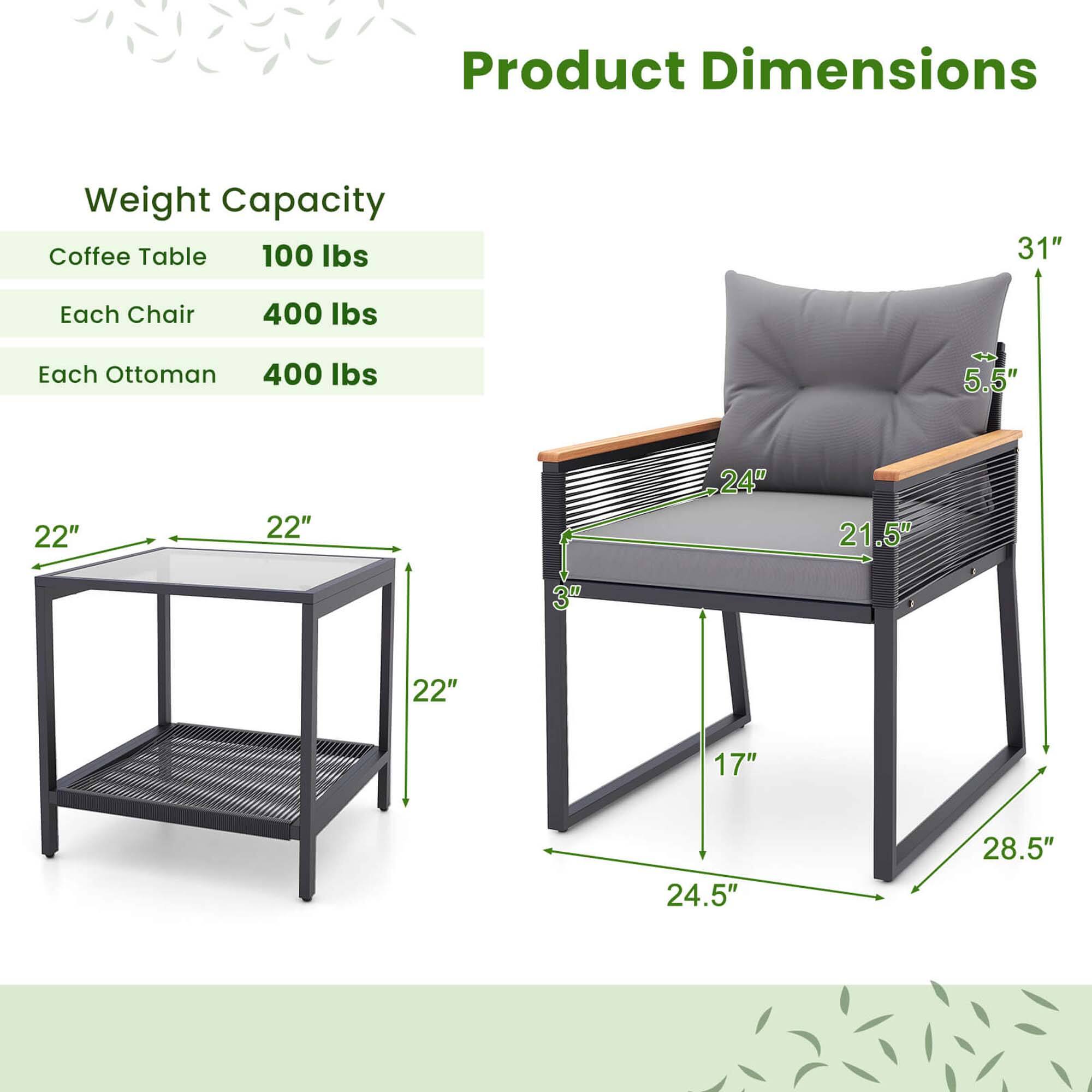 Product Dimensions

Weight Capacity
Coffee Table 100 lbs
Each Chair 400 lbs
Each Ottoman 400 lbs

22" 22"
24" 21.5"
3" 22"
17" 24.5"
28.5" 5.5"