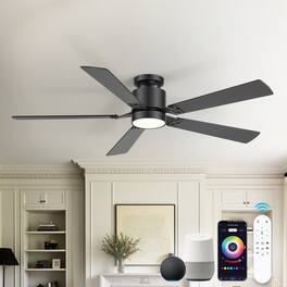 Breezary - 52-Inch RGB Ceiling Fan with LED Light, Flush Mount, DC Motor, Dimmable, Remote & App Control - Black and Walnut