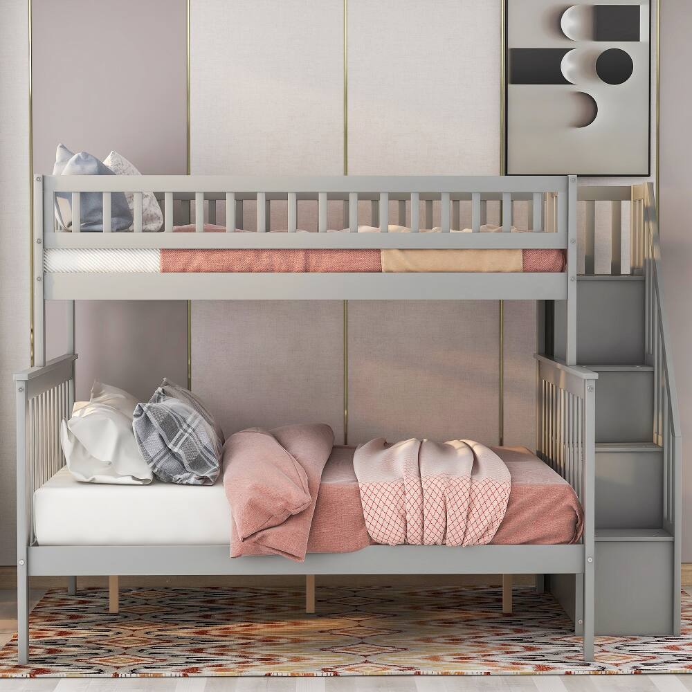 Angle. Loheer - Loheer Twin Over Full Stairway Bunk Bed with Storage Gray Solid Wood - Gray.