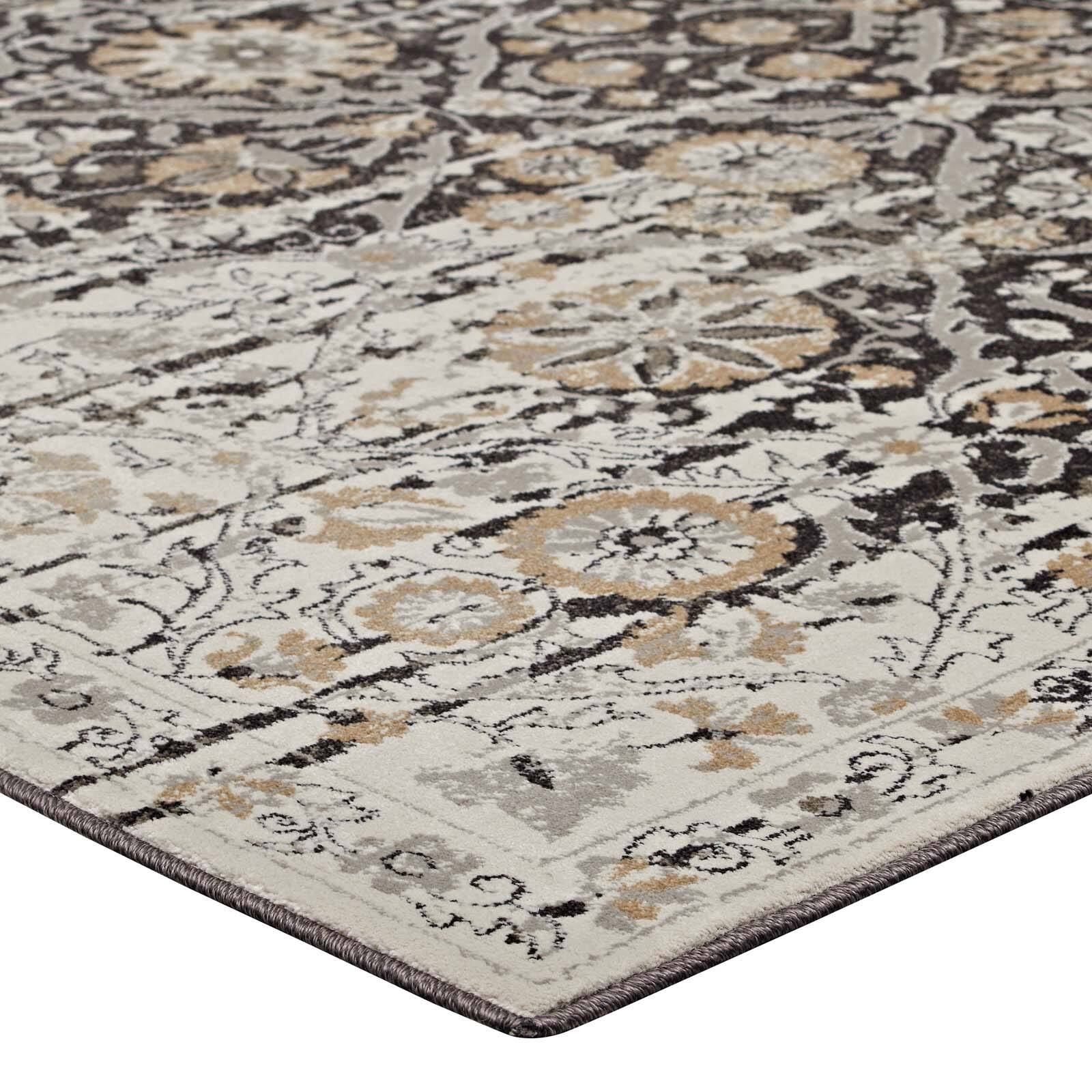 Alt View 3. Modway - Ganesa Distressed Diamond Floral Lattice Area Rug - Black and Beige.