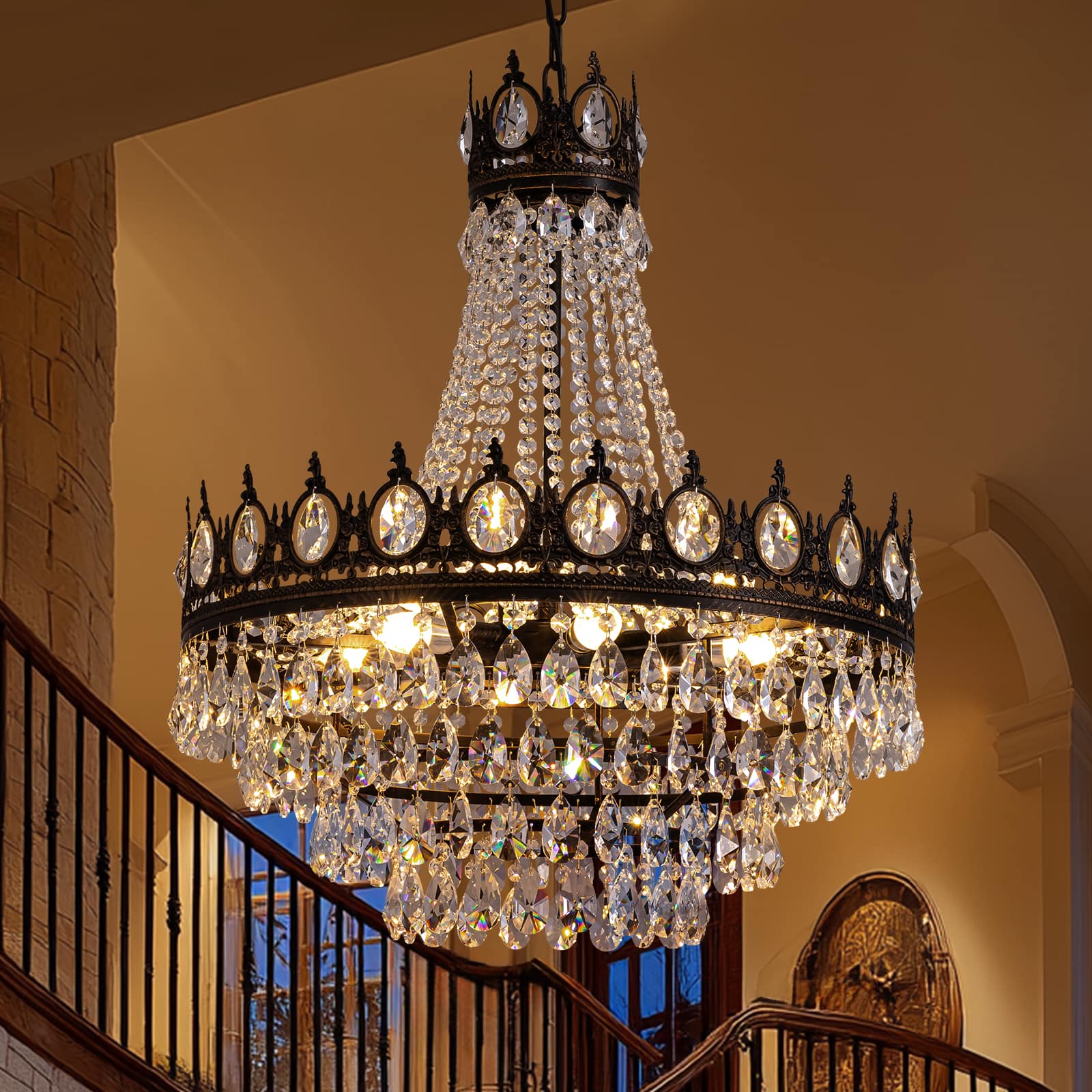 Front. Siljoy - 23.6" Vintage 9-Light Crystal Chandelier, Black Gold Adjustable Chain E12 Pendant Light for Living Room Dining Foyer - Antique Black Gold.