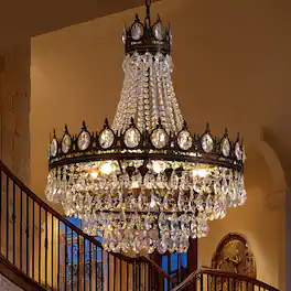 Siljoy - 23.6" Vintage 9-Light Crystal Chandelier, Black Gold Adjustable Chain E12 Pendant Light for Living Room Dining Foyer - Antique Black Gold