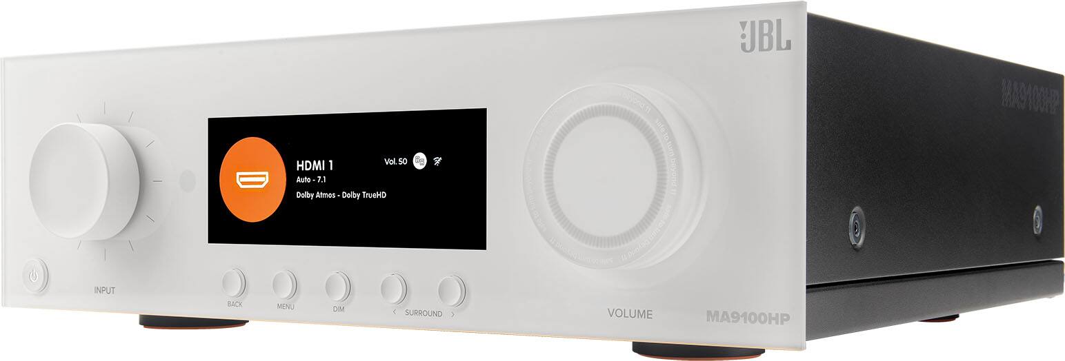 The text on the image reads: "INPUT BACK Vol.50 HDMI 1 Aute 7.1 Dolby Atmos Dolby TrueHD MENU DIM  SURROUND > WD BL sescoan sale 6 tum puoken "pau Hpe0 VOLUME MA9100 e MAD".