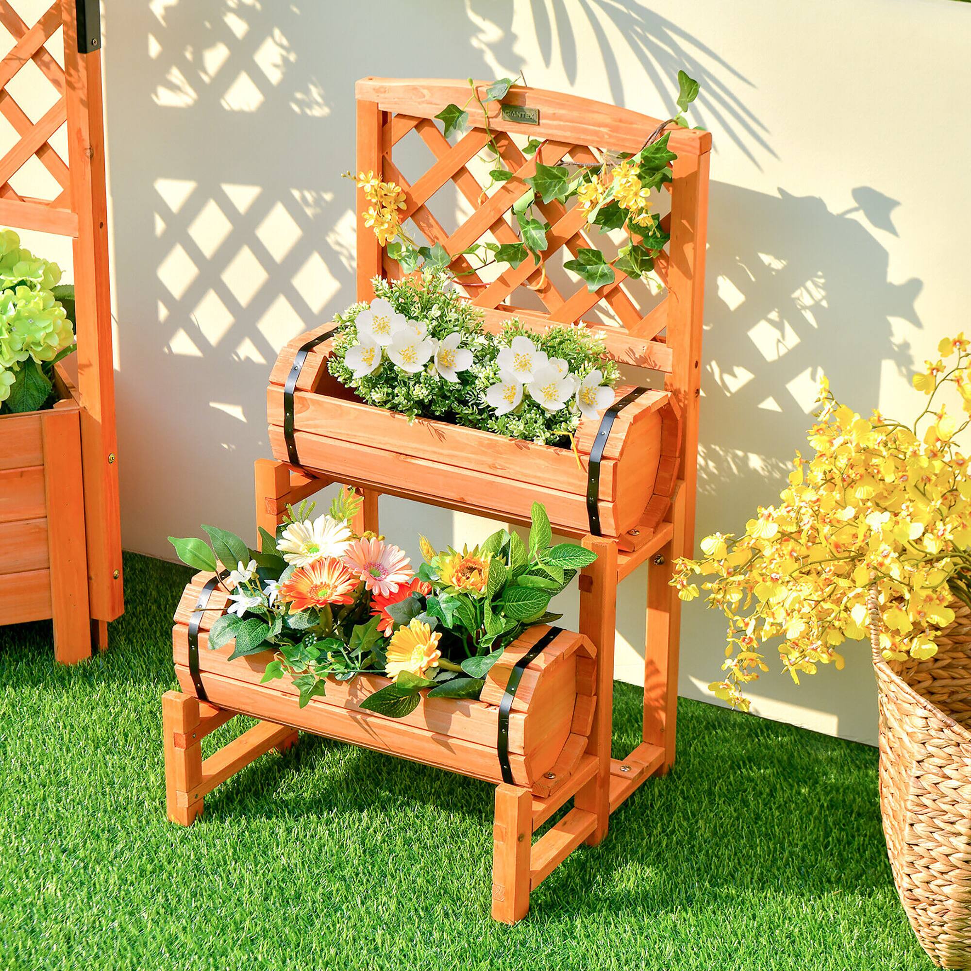 Alt View 2. Costway - Costway 2-Tier Wooden Raised Garden Bed Container w/2 Cylindrical Planter Boxes & Trellis - Orange.