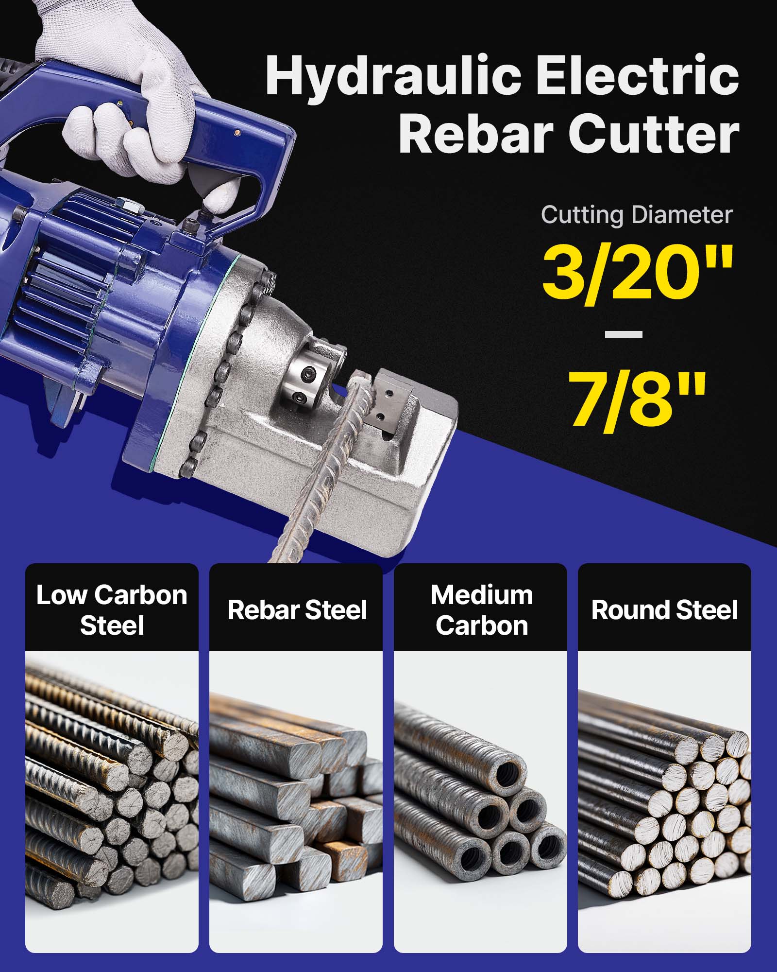 Hydraulic Electric Rebar Cutter  
Cutting Diameter: 3/20" - 7/8"  
- Low Carbon Steel  
- Rebar Steel  
- Medium Carbon  
- Round Steel
