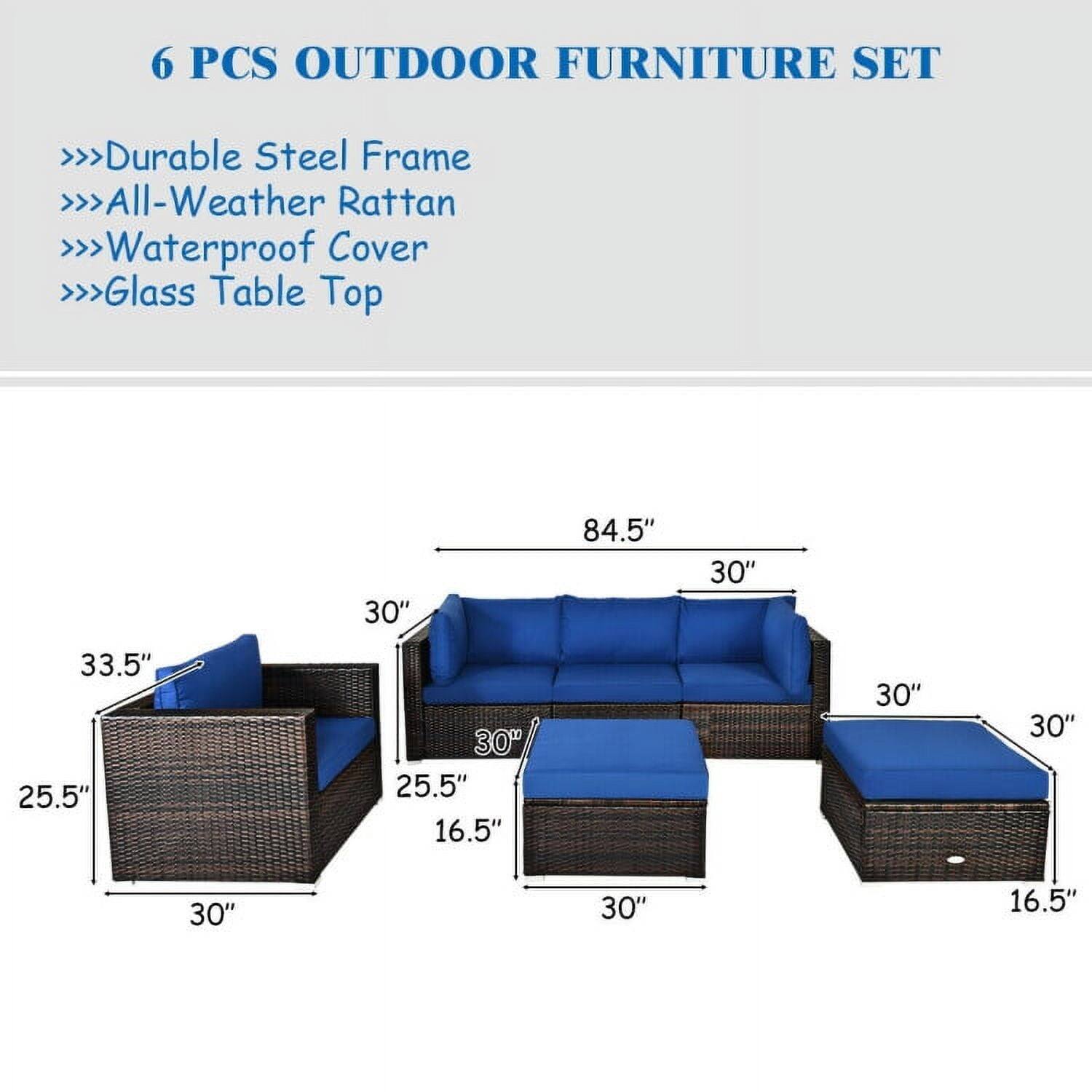 6 PCS OUTDOOR FURNITURE SET  
- Durable Steel Frame  
- All-Weather Rattan  
- Waterproof Cover  
- Glass Table Top  

Dimensions:  
- 84.5"  
- 30"  
- 33.5"  
- 25.5"  
- 16.5"