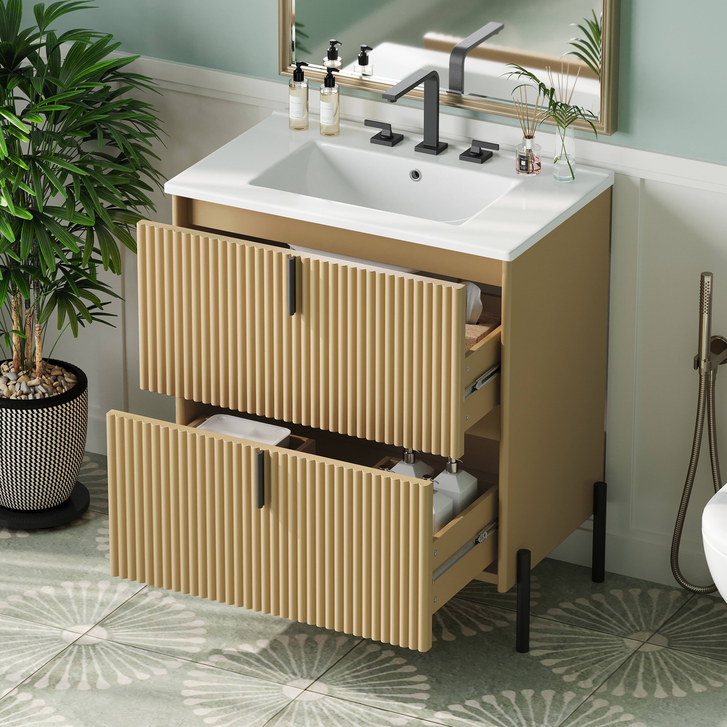 Alt View 1. Loheer - 2.5 ft Bathroom Vanity with Ceramic Sink, Full Extension Drawers - Natural.