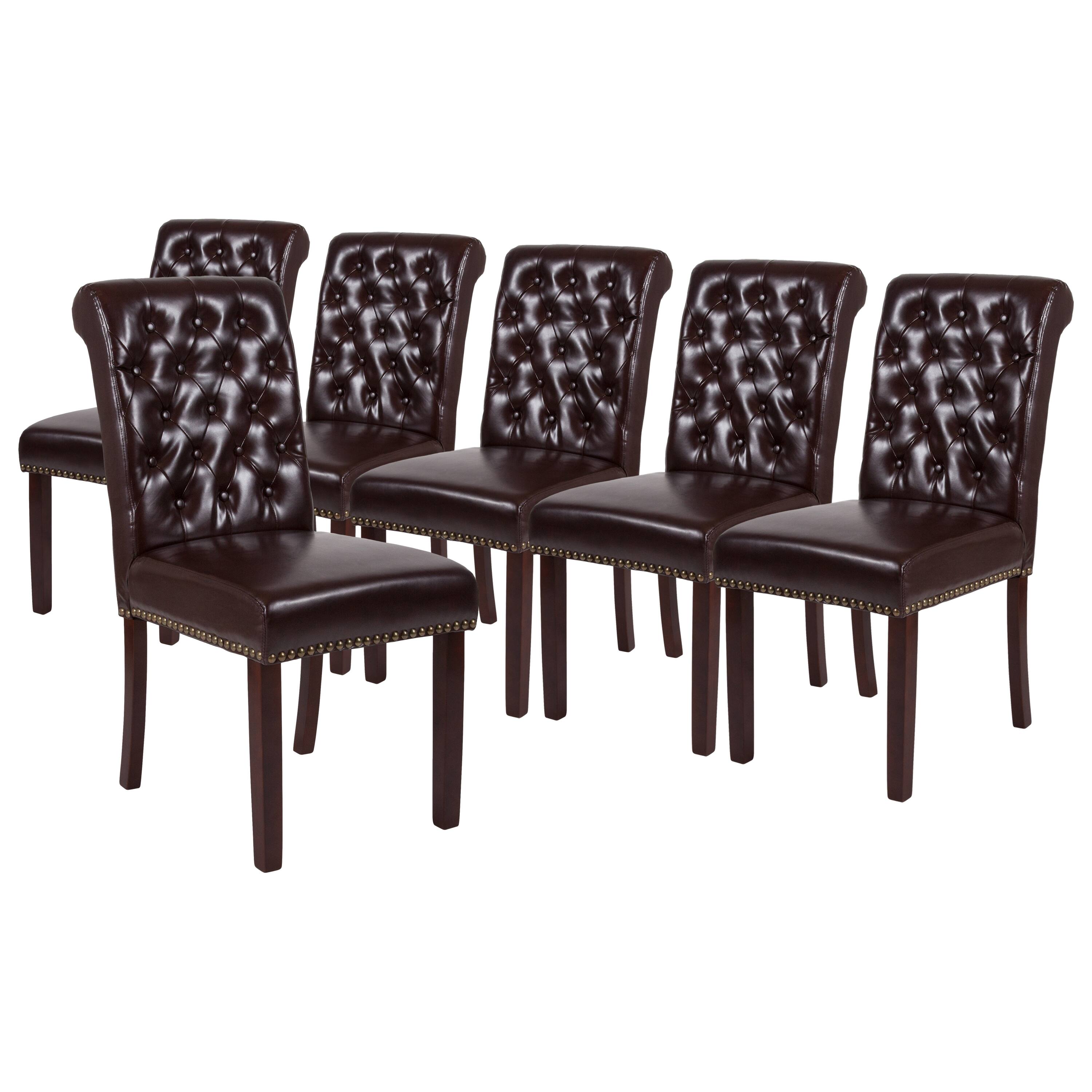 Alt View 1. Emma + Oliver - Upholstered Rolled Back Parsons Chair with Nailhead Trim & Finished Frame with Plastic Floor Glides - Brown Faux Leather.
