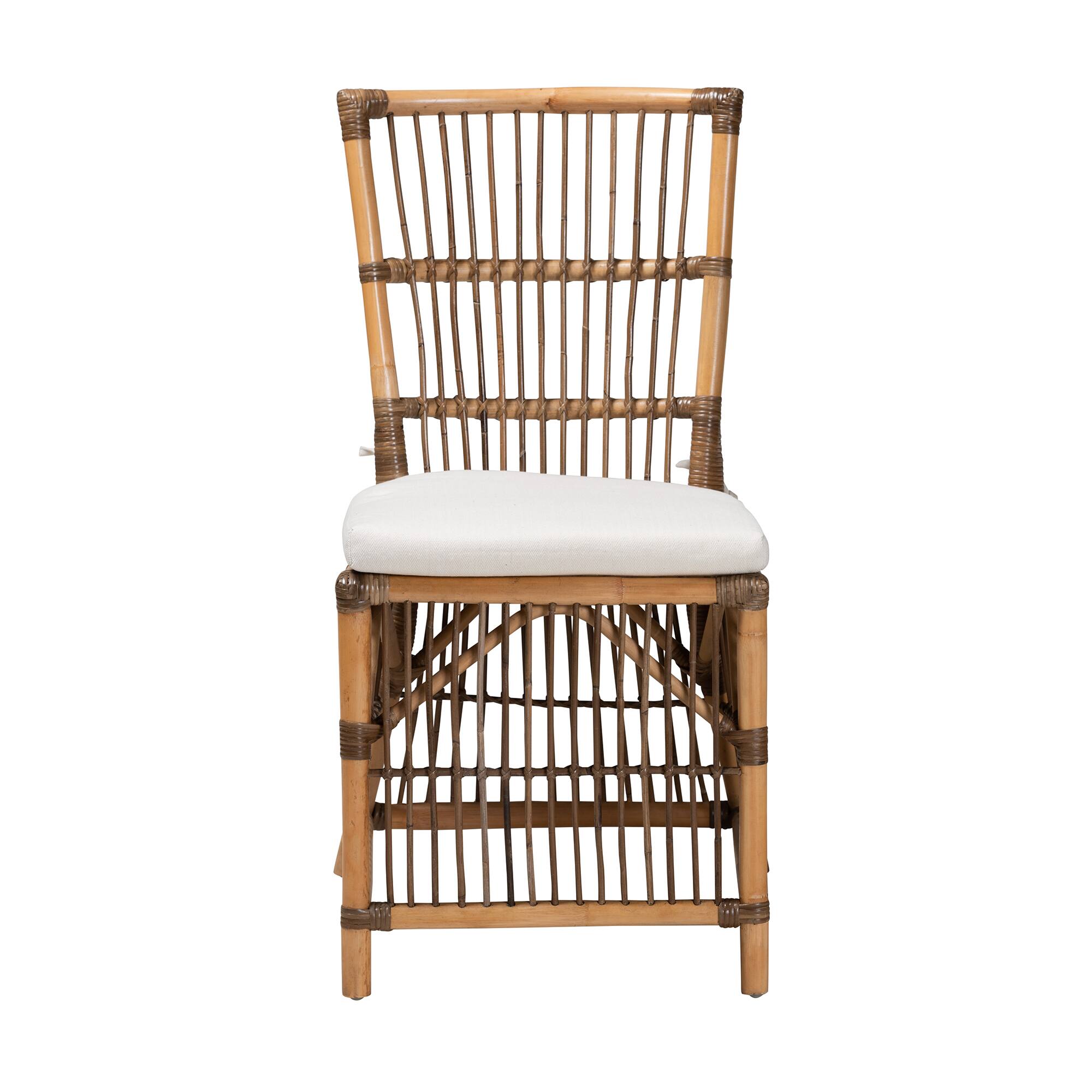 Angle. bali & pari - Kim Modern Bohemian Fabric and Rattan Dining Chair - White/Natural Brown.
