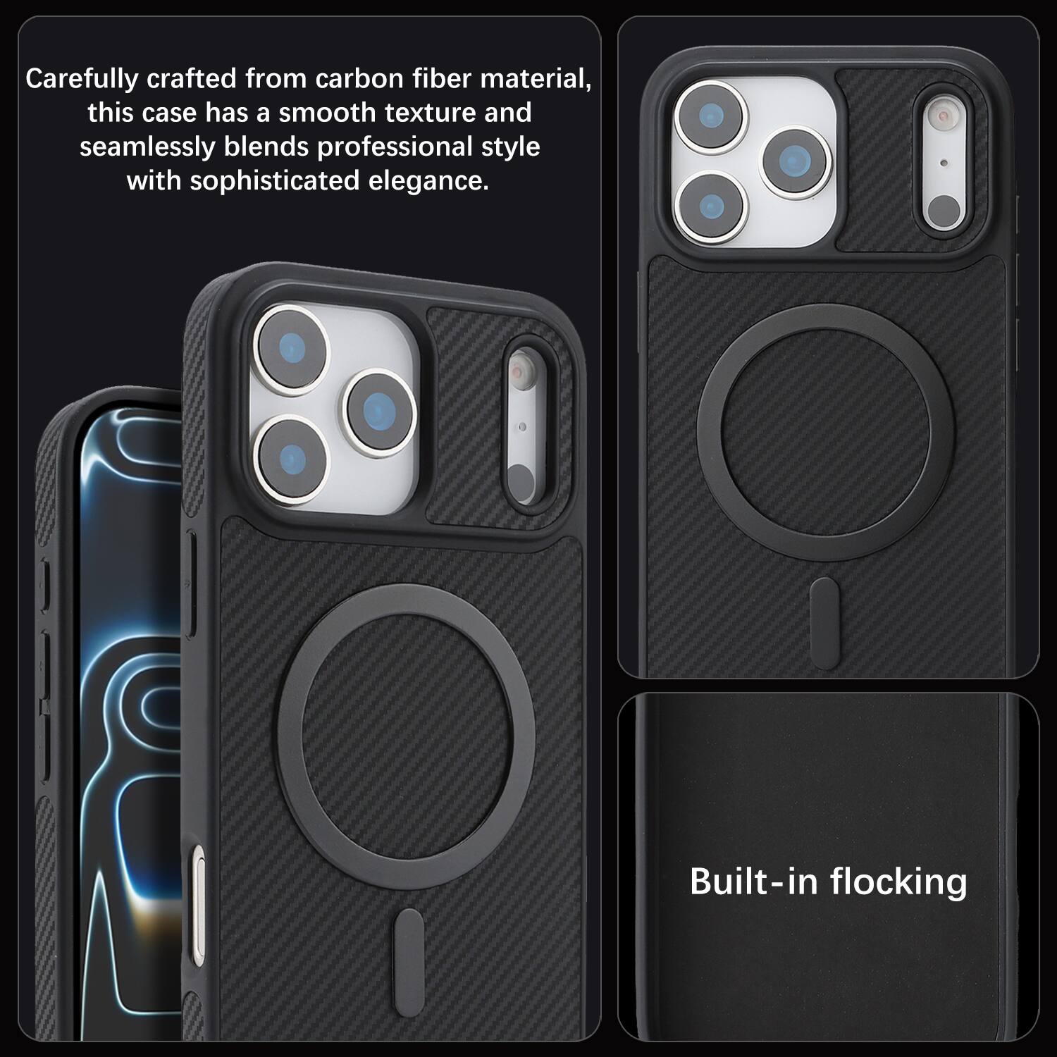 Carefully crafted from carbon fiber material, this case has a smooth texture and seamlessly blends professional style with sophisticated elegance. Built-in flocking